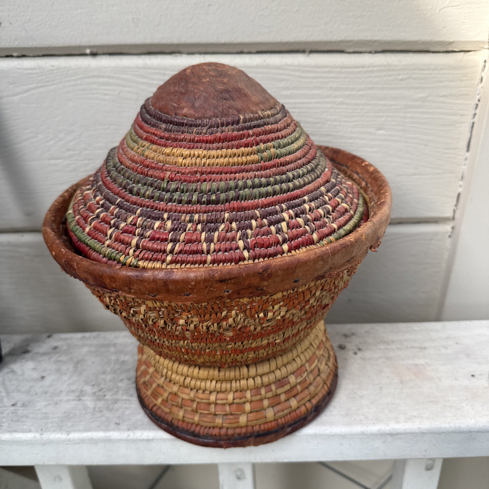Vintage Ethiopian Harari Muday Coiled Basket Conical Lid Leather Trim Footed 8