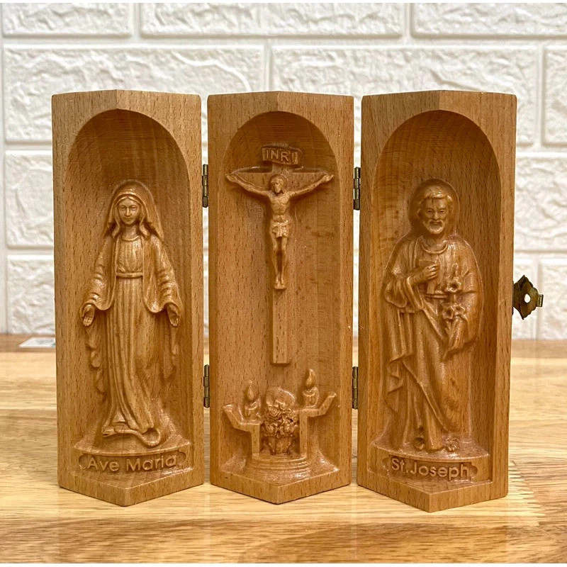 Portable Catholic Travel Altar Beech Wood Triptych Jesus Mary St Joseph Gift