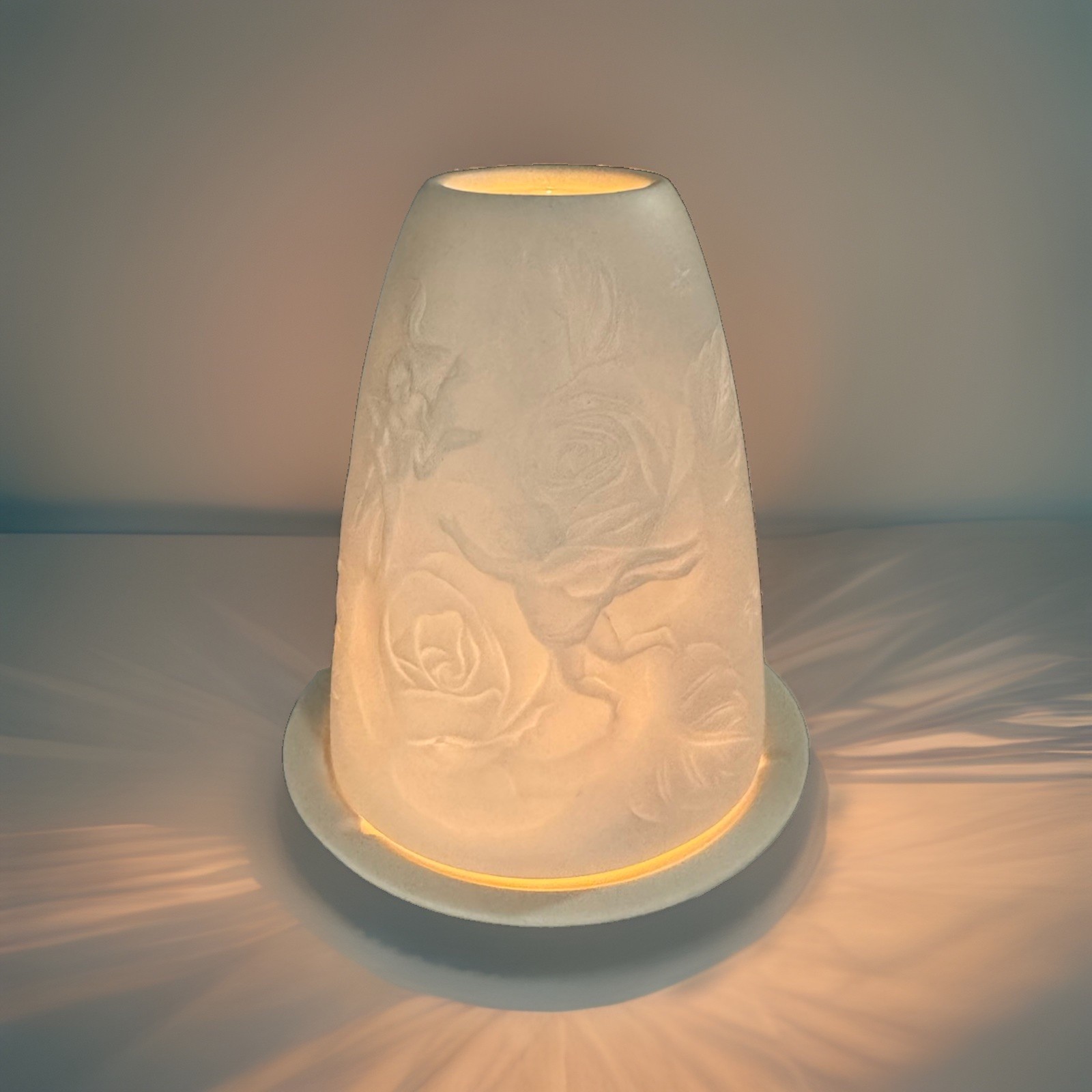Vintage Bisque Porcelain Lithophane Fairy Lamp Roses Cherubs Candle Holder