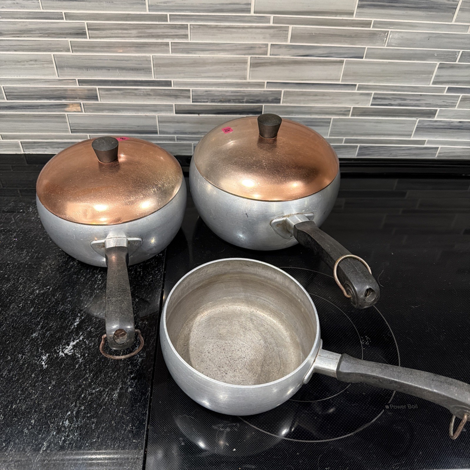 Vintage MCM Hallite Wear-Ever 3- pans 2 lids Set Aluminum Copper Lid USA Made Vintage MCM Hallite Wear-Ever 3- pans 2 lids Set Aluminum Copper Lid USA Made