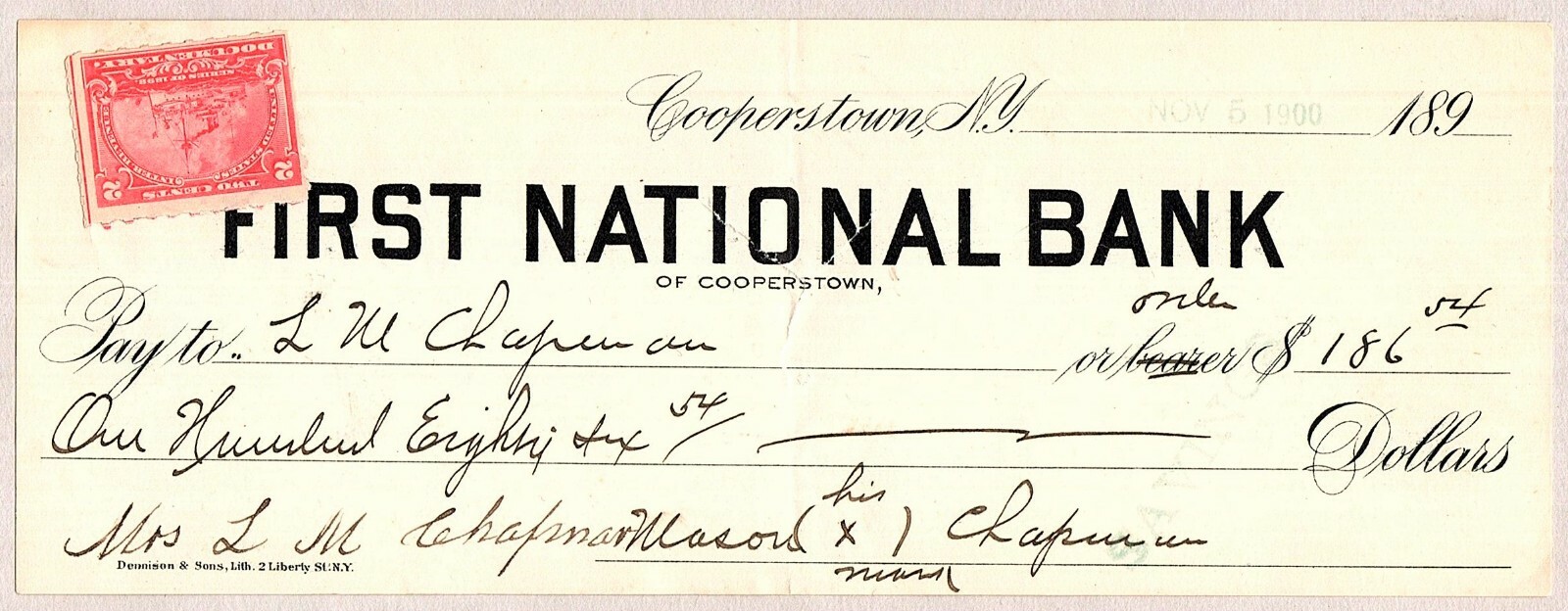 1900 FIRST NATIONAL BANK OF COOPERSTOWN NEW YORK BANK CHECK 2¢ DOC STAMP 1900 FIRST NATIONAL BANK OF COOPERSTOWN NEW YORK BANK CHECK 2¢ DOC STAMP
