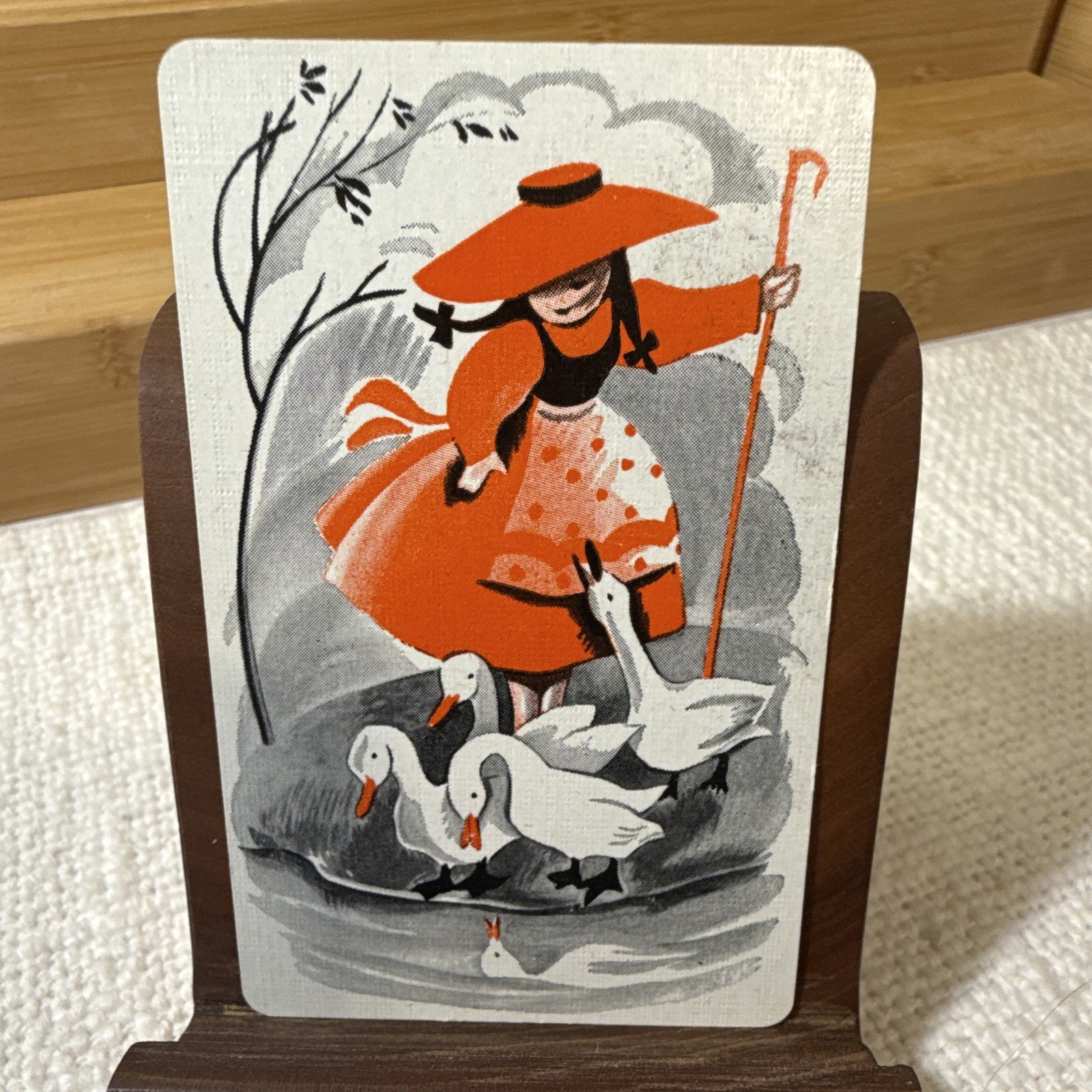 Vintage Linen NOS Art Deco Single Swap Playing Card- Girl/Goose/Orange