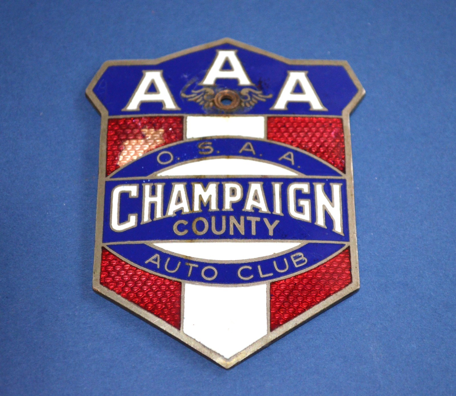ANTIQUE PORCELAIN ENAMEL CAR BADGE EMBLEM AAA CHAMPAIGN COUNTY OHIO. 1930\'S.