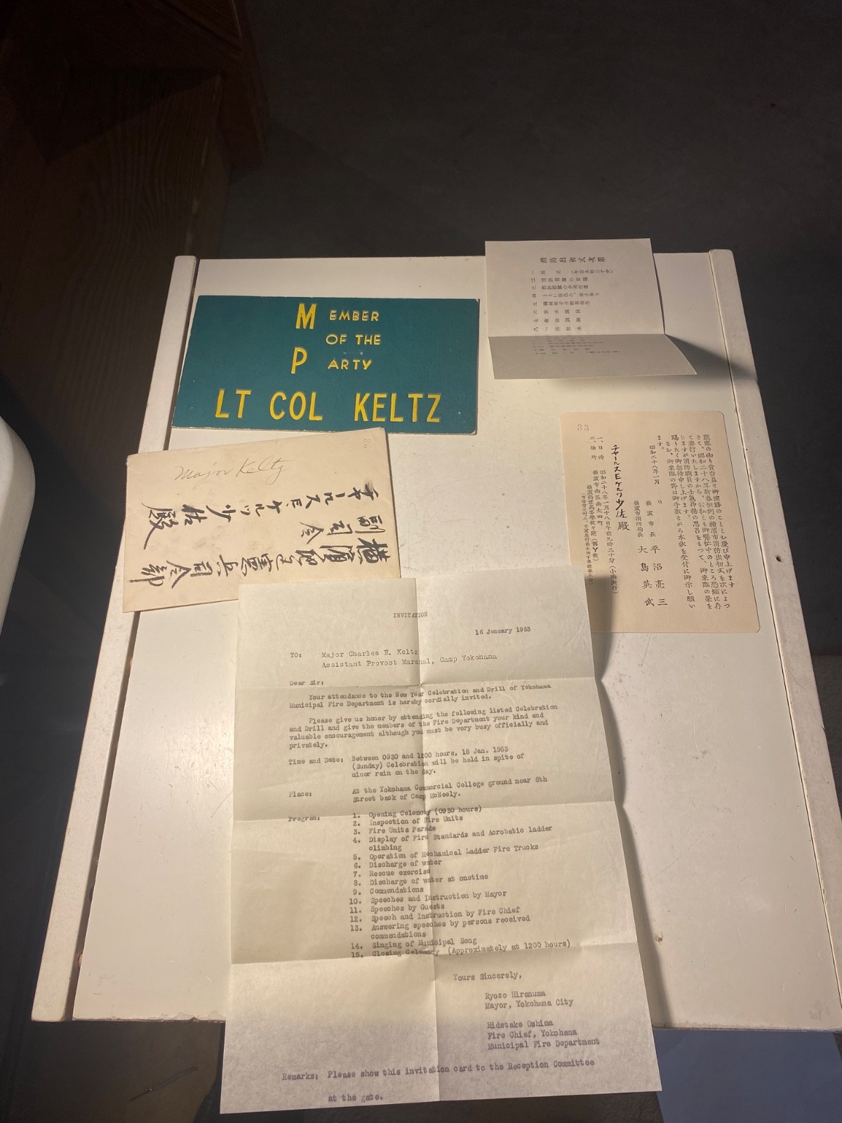 1953 Invitation To Major Keltz From Mayor and Fire Chief of Yokohama Japan