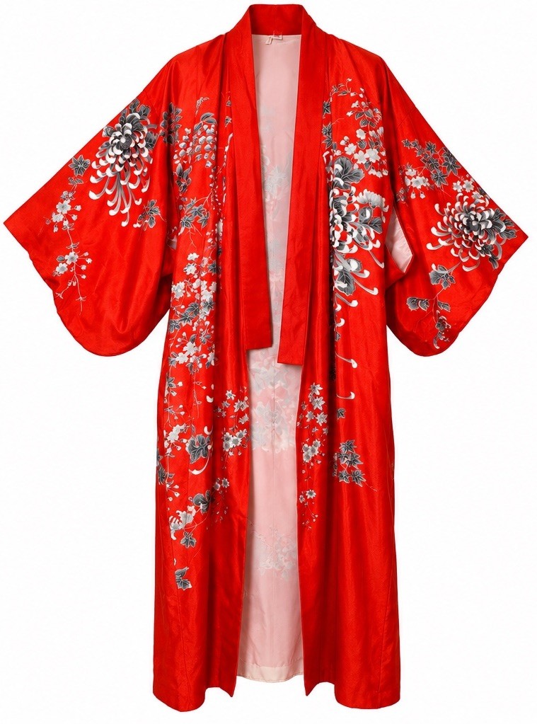 Vintage Japanese Kimono Robe 100% Silk Red Chrysanthemum Floral Made Japan