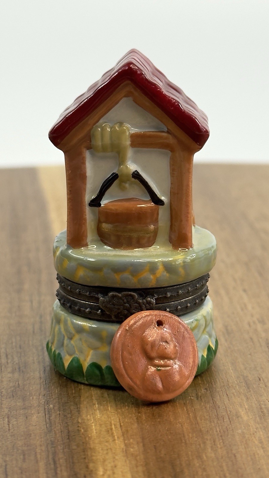 Porcelain Hinged Trinket Box Wishing Well With Lucky Penny Porcelain Hinged Trinket Box Wishing Well With Lucky Penny