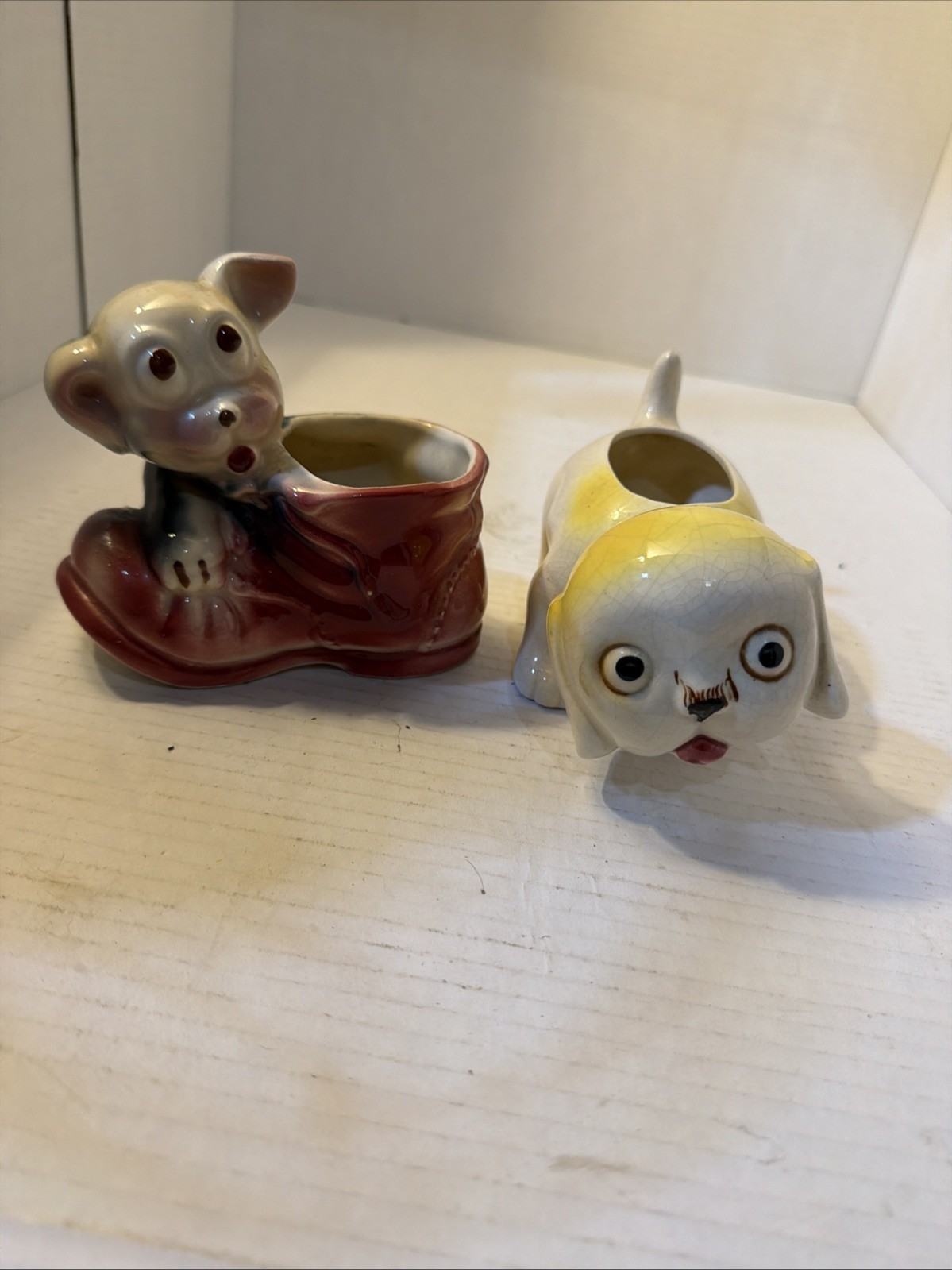 VINTAGE 1950S NOVELTY DOG SHOE PLANTER SET OF 2 UGLY CUTE PUPPY