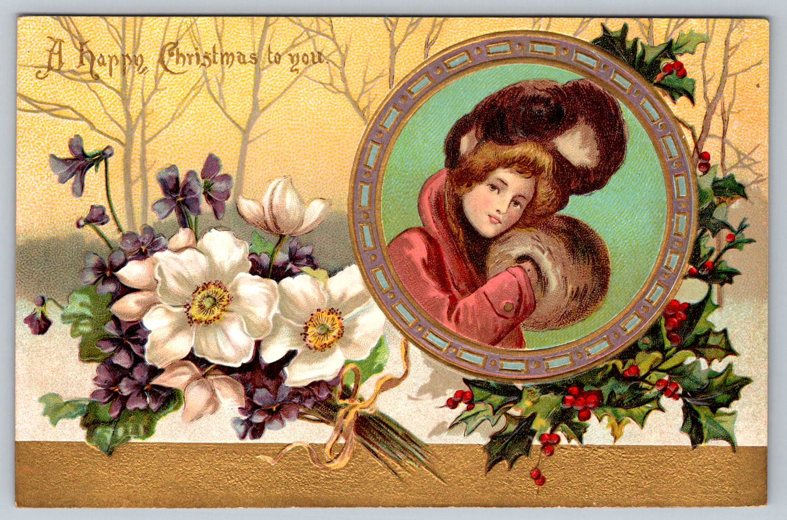c1900s Happy Christmas Germany Flowers Girl Fur Embossed Postcard c1900s Happy Christmas Germany Flowers Girl Fur Embossed Postcard