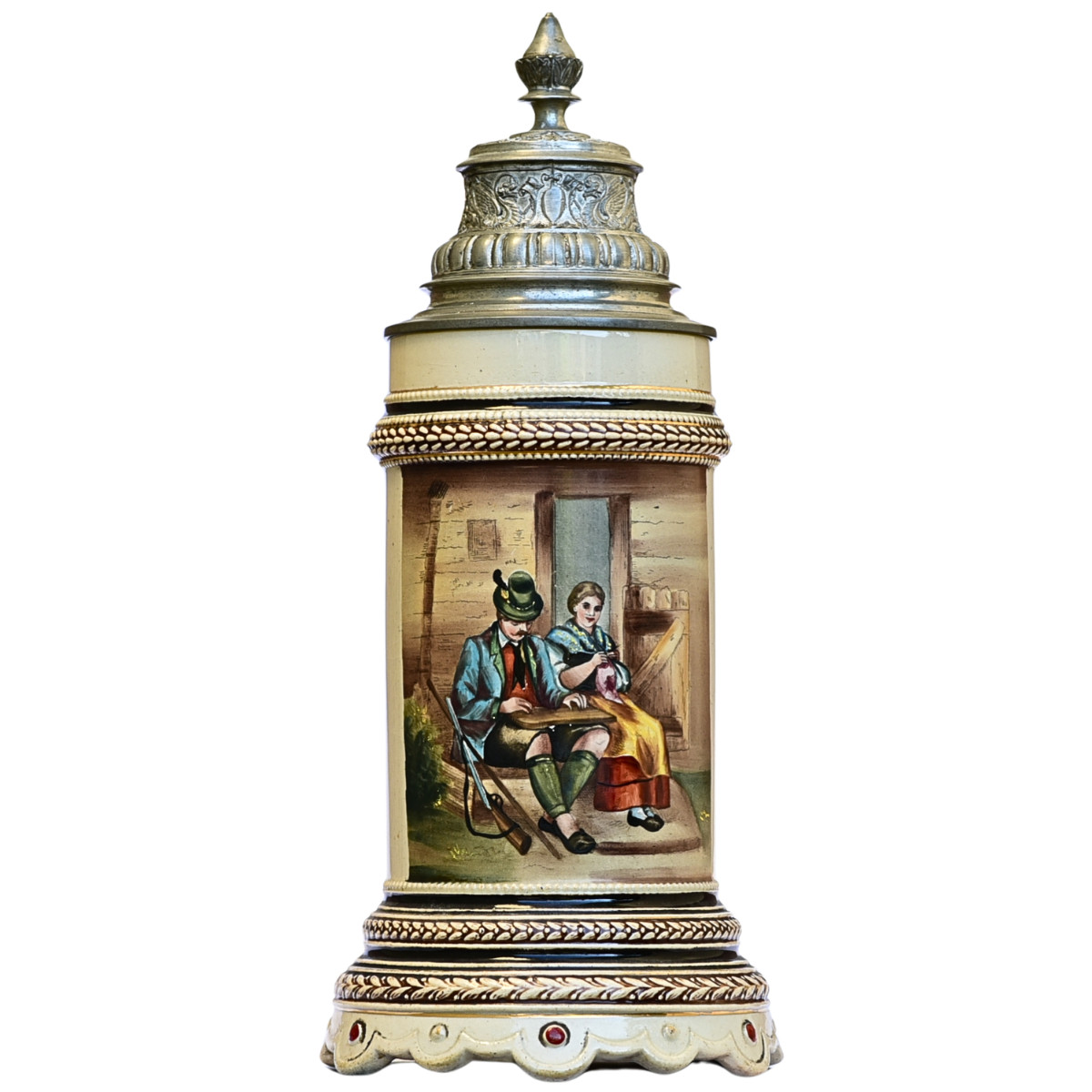 Antique German Beer Stein - Hunter | Hand-Painted * Pewter Lid * .5 L * Ca 1900