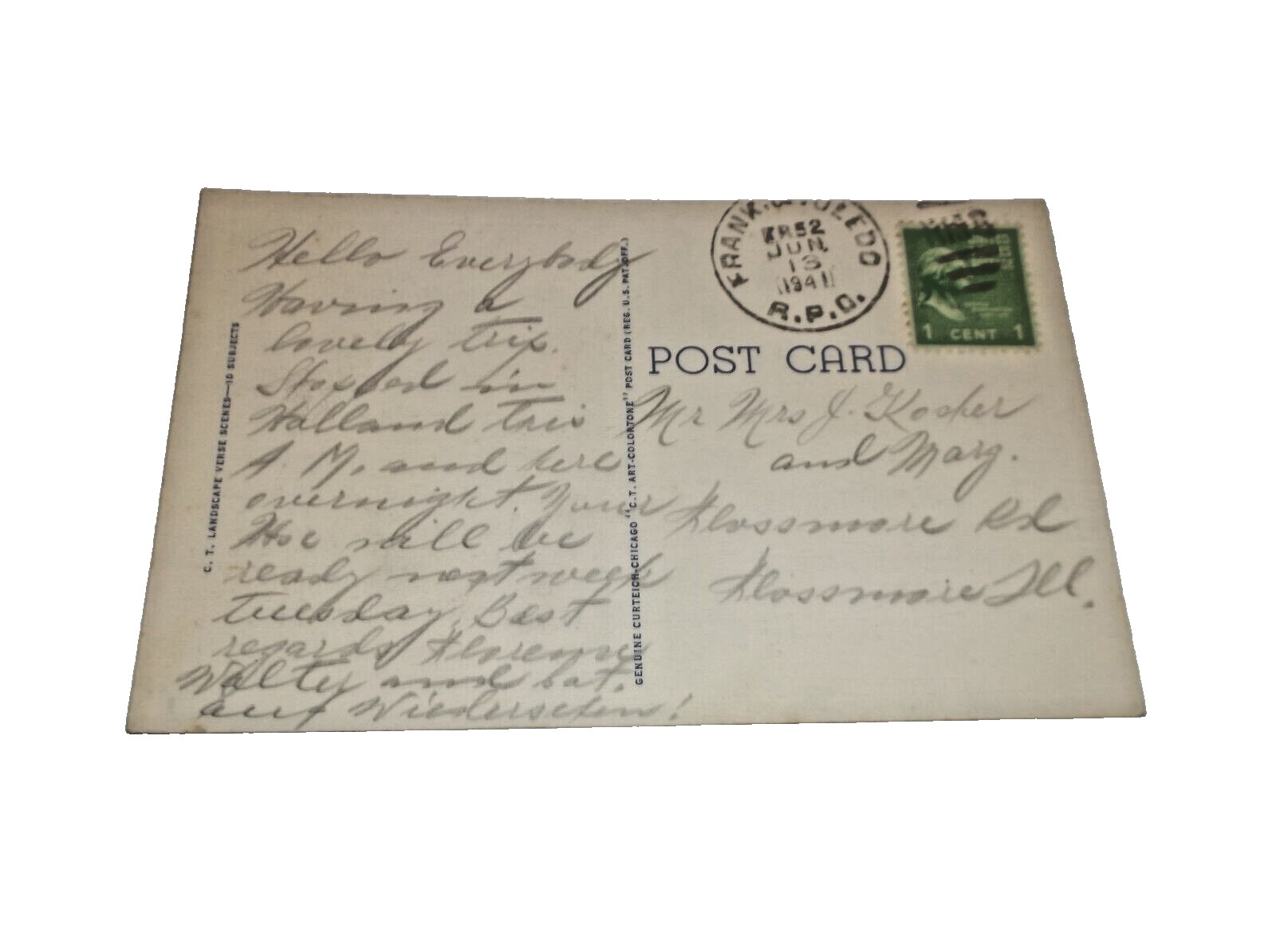 1941 ANN ARBOR FRANKFORT & TOLEDO TRAIN #52 RPO HANDLED POST CARD 1941 ANN ARBOR FRANKFORT & TOLEDO TRAIN #52 RPO HANDLED POST CARD