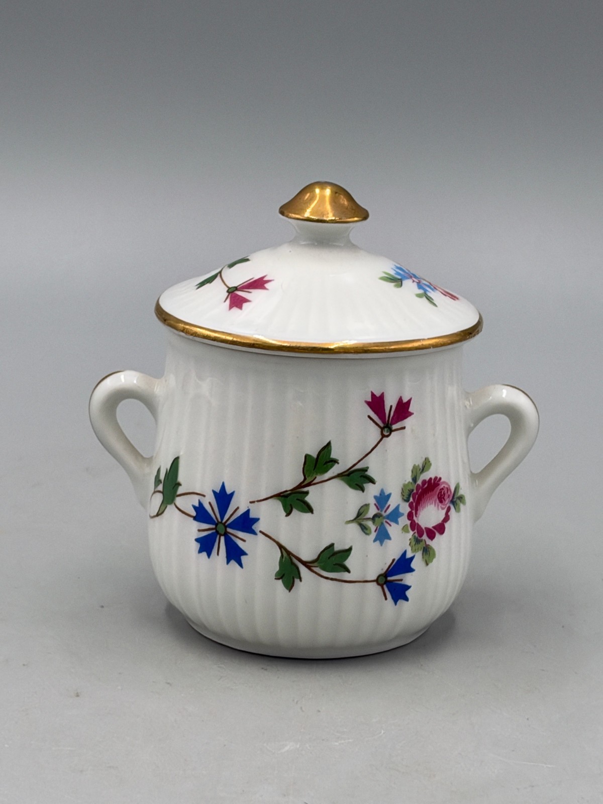 Vintage French Le Faune Porcelain Covered Jam Pot Sugar Bowl Double Handles 