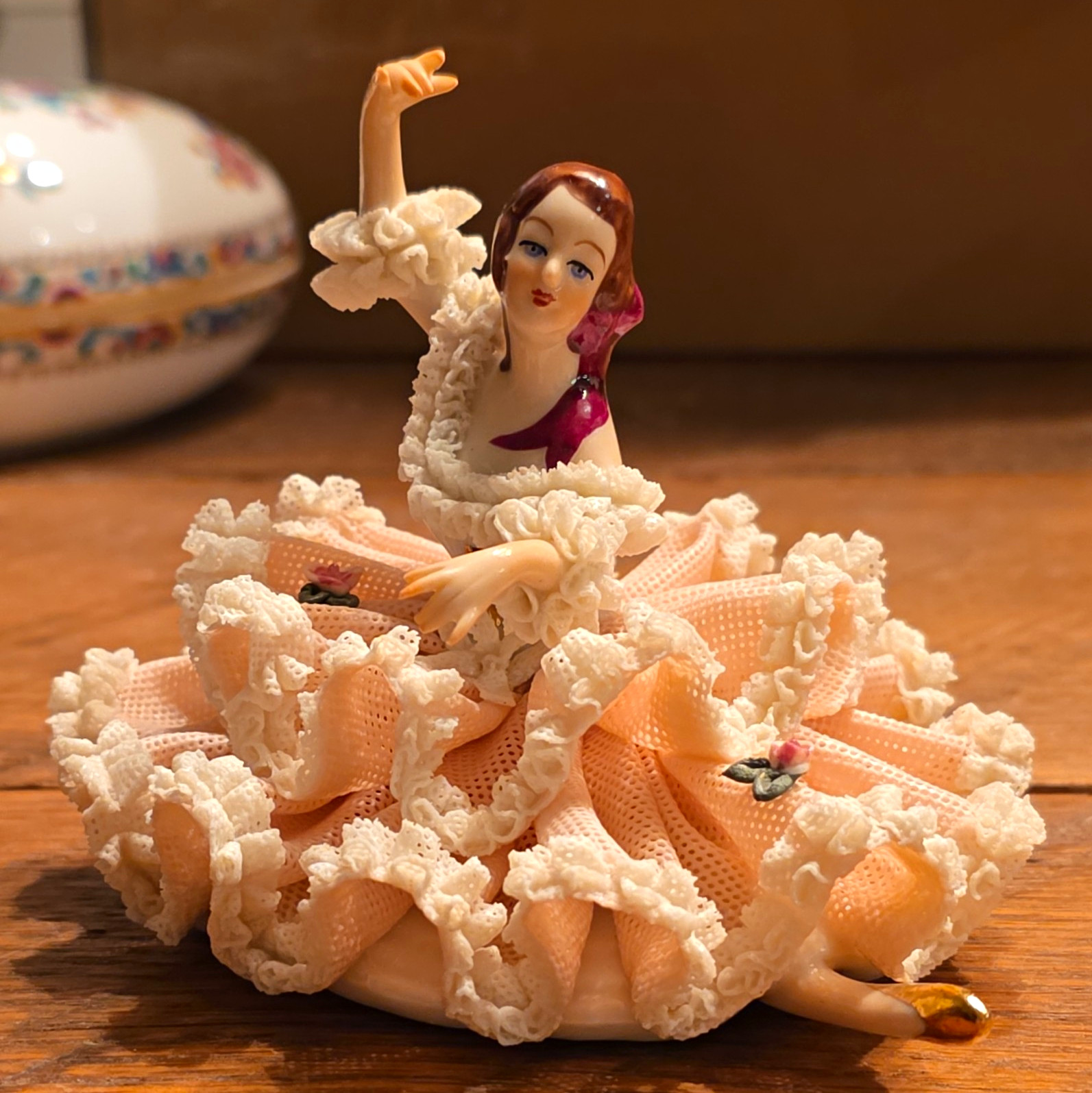 Porcelain Lady Figurine w/ Lace Fabric Dress, Glossy Finish, 3D Effect, 3.5 in