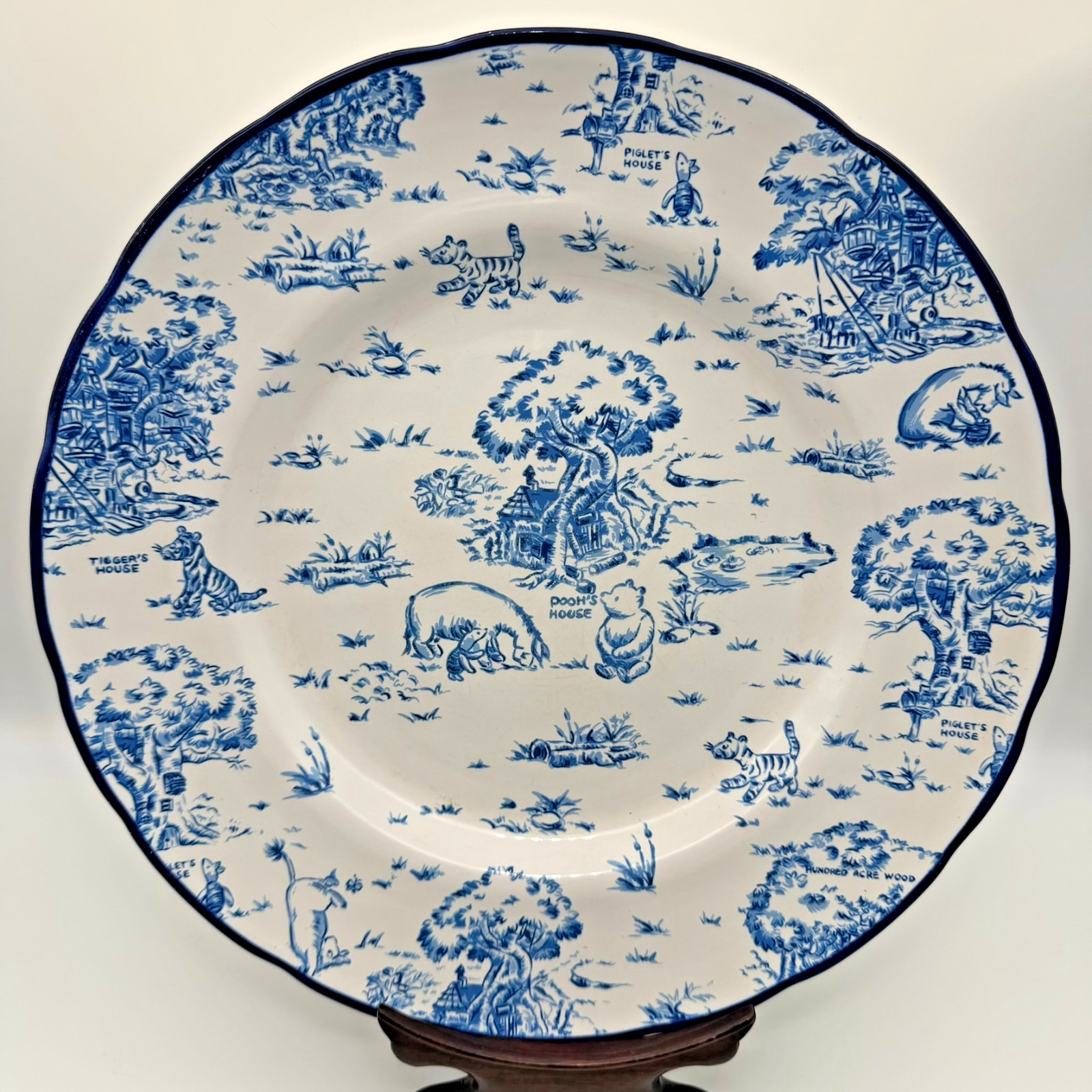 Vintage Disney Winnie the Pooh Blue Toile Stoneware Dinner Plate 11\ Vintage Disney Winnie the Pooh Blue Toile Stoneware Dinner Plate 11\