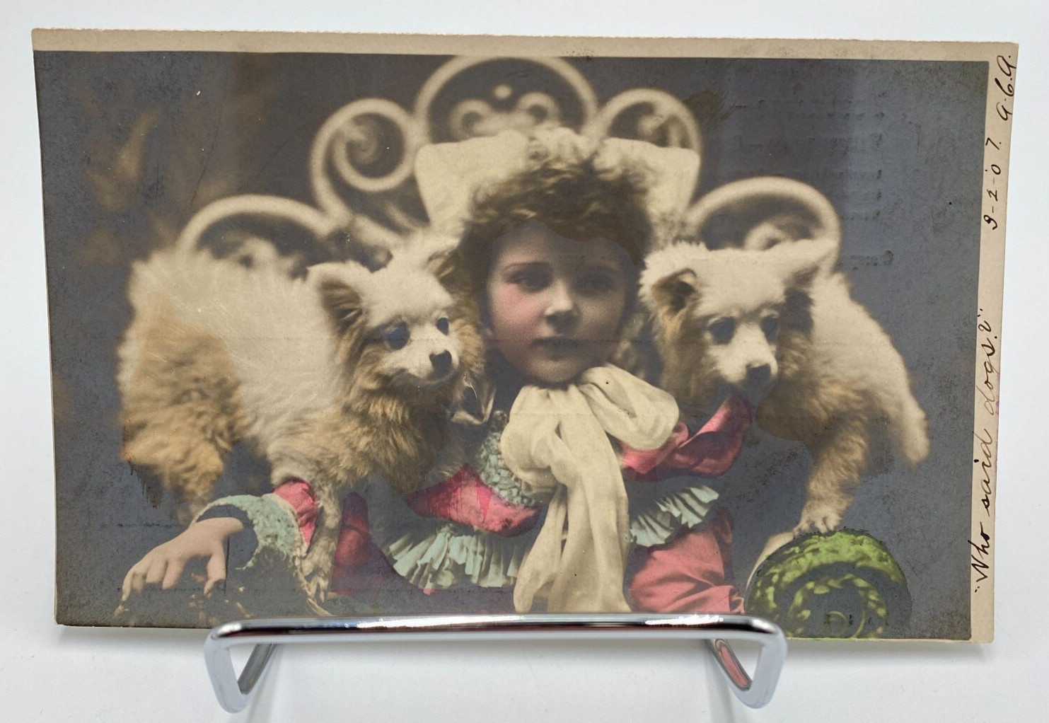 Vtg c. 1907 RPPC Young Girl Child 2 Dogs Weltpostverein, Union postale Postcard Vtg c. 1907 RPPC Young Girl Child 2 Dogs Weltpostverein, Union postale Postcard