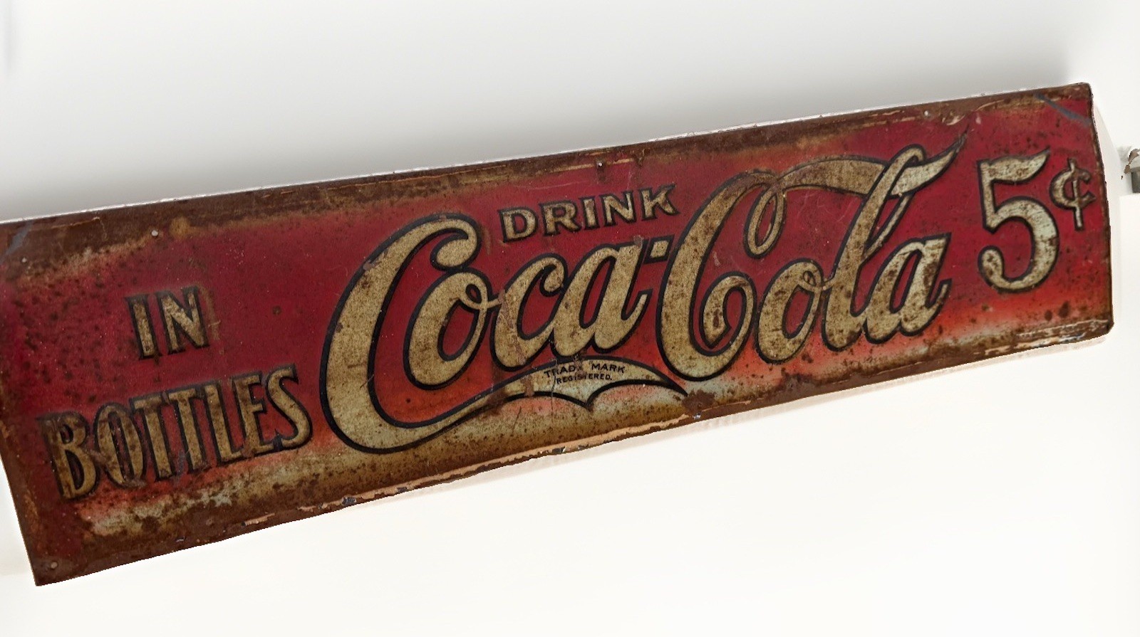 Antique 1920s Drink Coca Cola In Bottles 5Cent Advertising Embossed Tin Sign