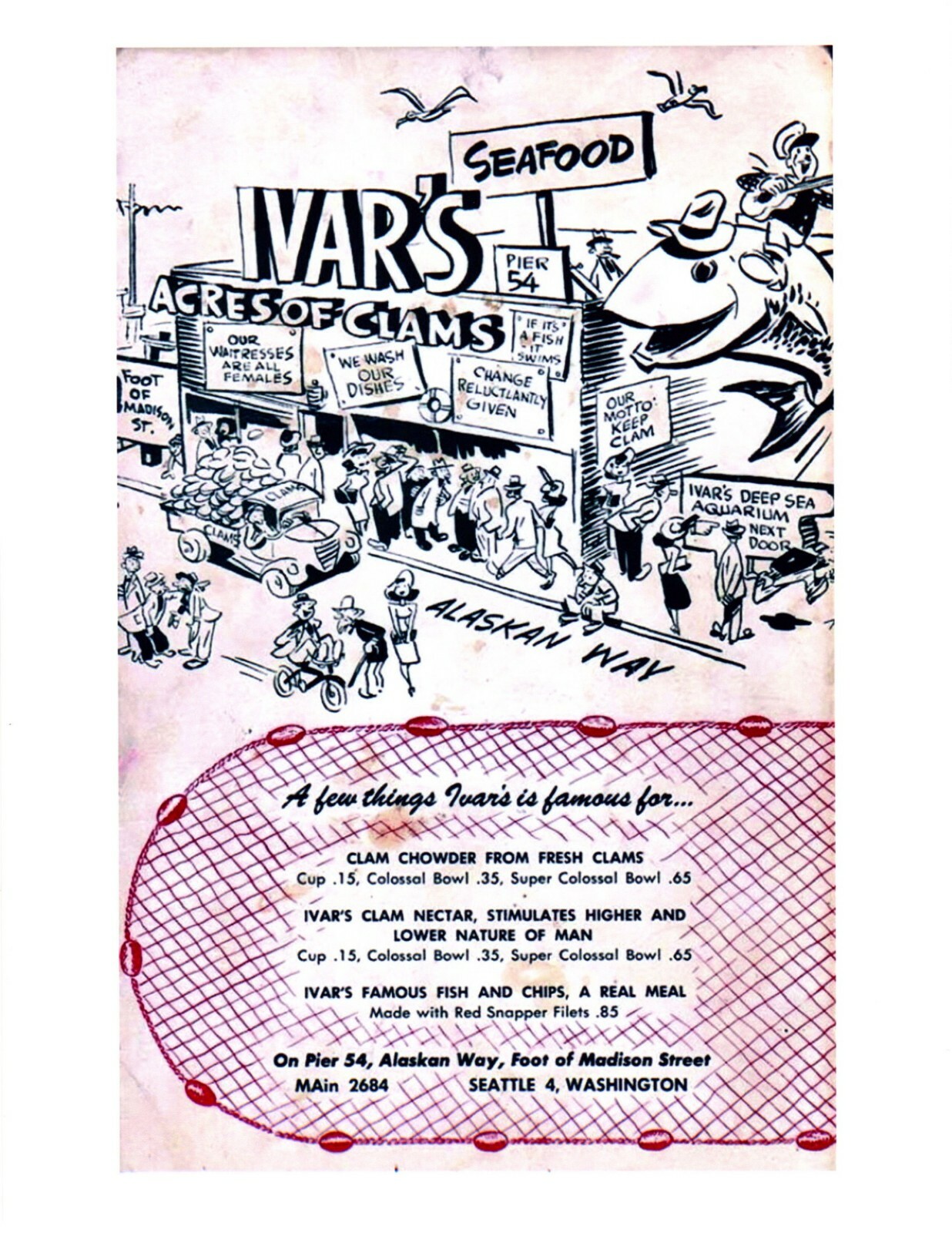 1950\'S  IVAR\'S SEAFOOD SEATTLE MENU 8.5X11 GLOSSY REPRINT  VINTAGE