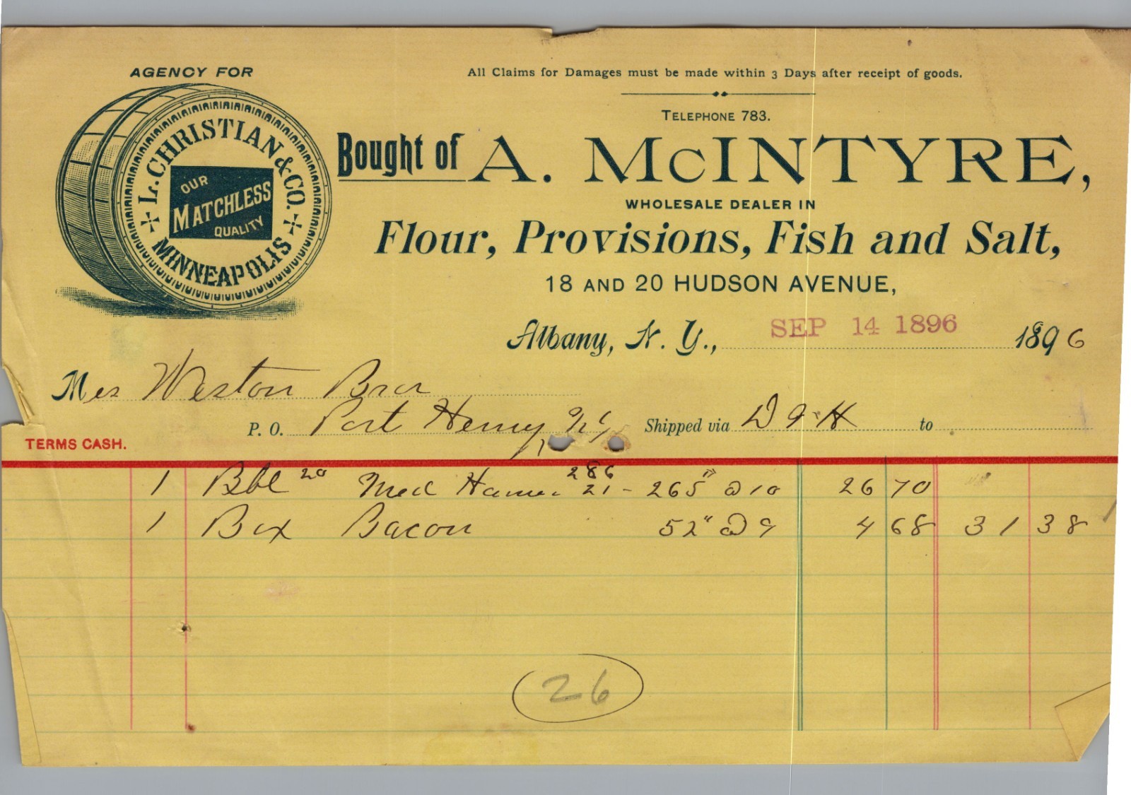 1896 Albany NY Grocery Billhead A McIntyre Flour Barrel Graphic Port Henry DH RR 1896 Albany NY Grocery Billhead A McIntyre Flour Barrel Graphic Port Henry DH RR