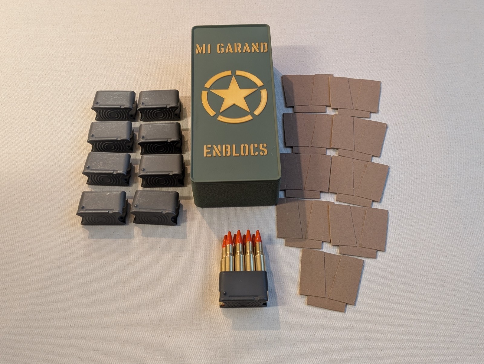 M1 Garand 9 Enbloc Clips w/ Inserts 8 Snap Caps And Custom Large Box Stand Lid