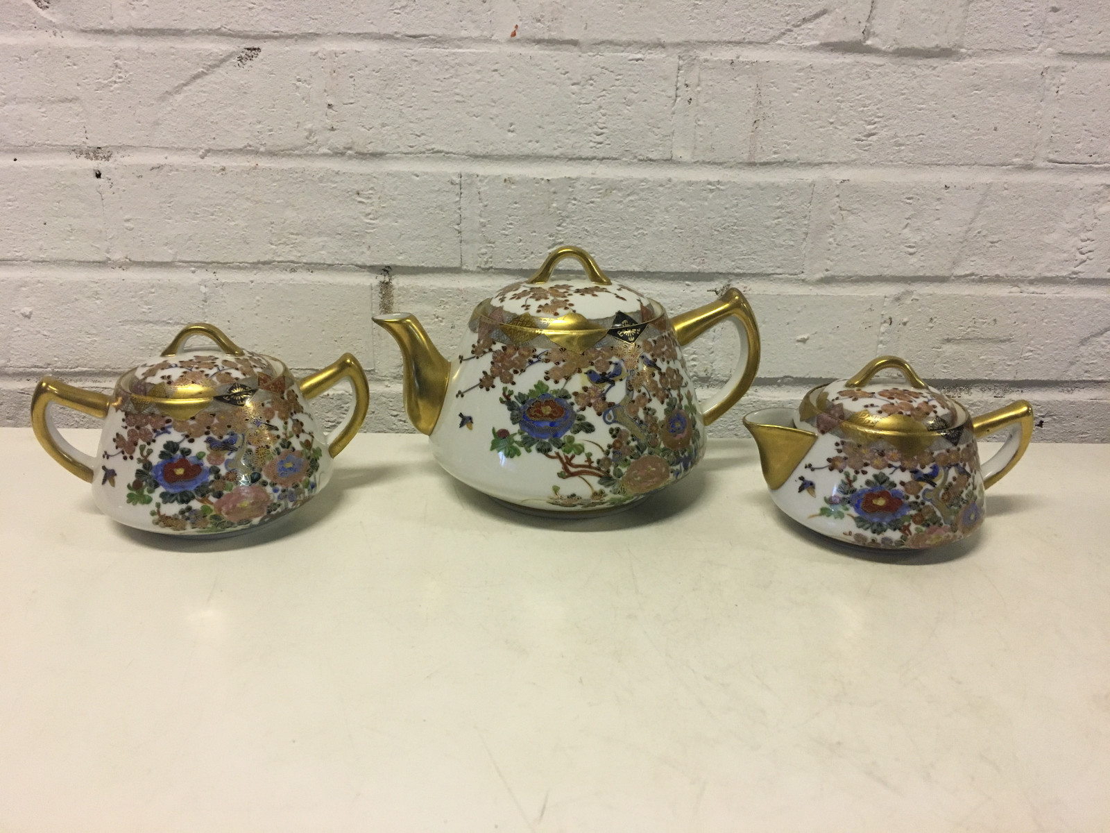Vtg 3 Piece Japanese Satsuma Signed Porcelain Tea Set w Floral & Bird Decoration Vtg 3 Piece Japanese Satsuma Signed Porcelain Tea Set w Floral & Bird Decoration
