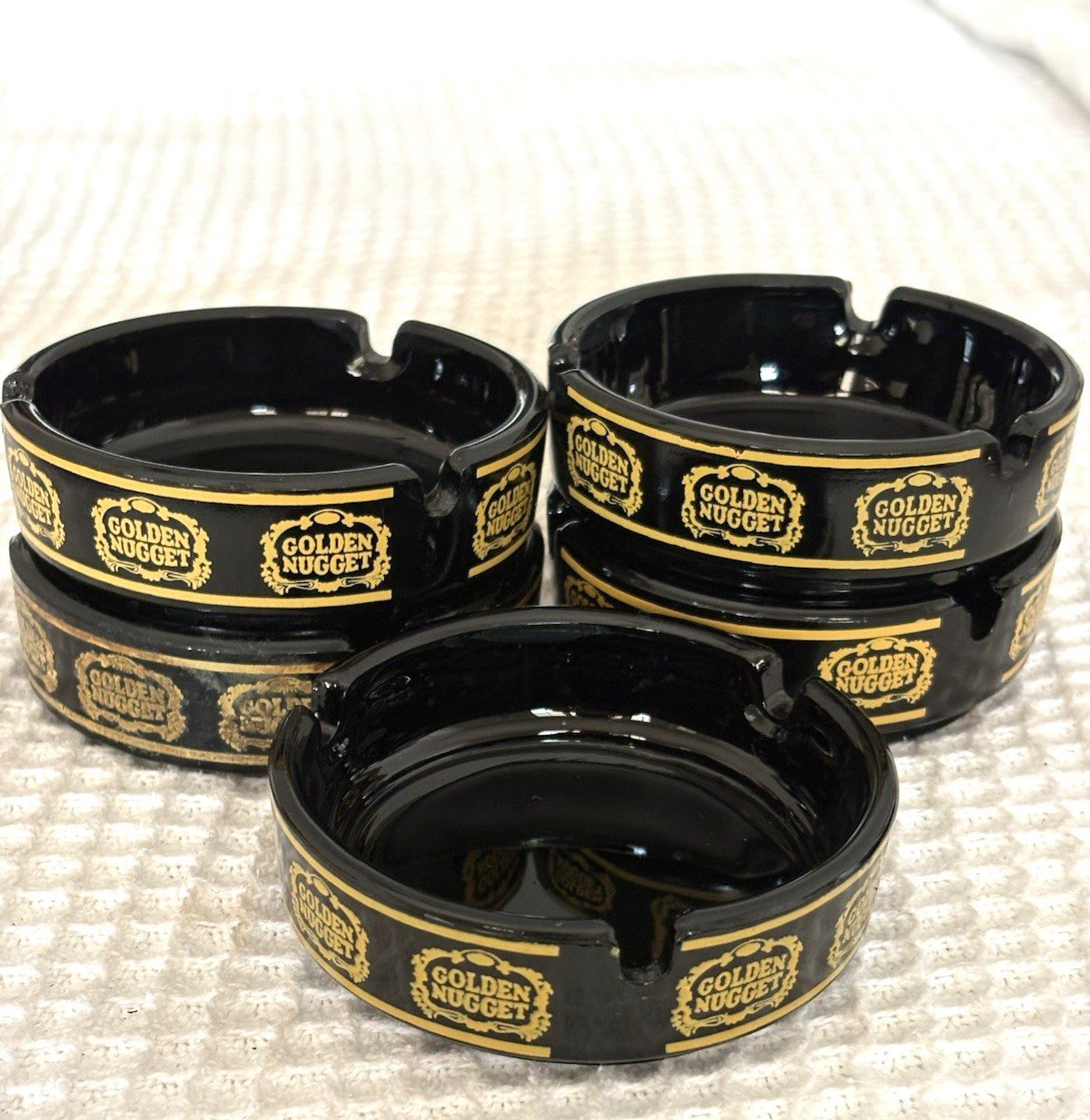 5 Vintage MCM Advertising Black Glass Golden Nugget Casino Las Vegas Ashtrays 5 Vintage MCM Advertising Black Glass Golden Nugget Casino Las Vegas Ashtrays