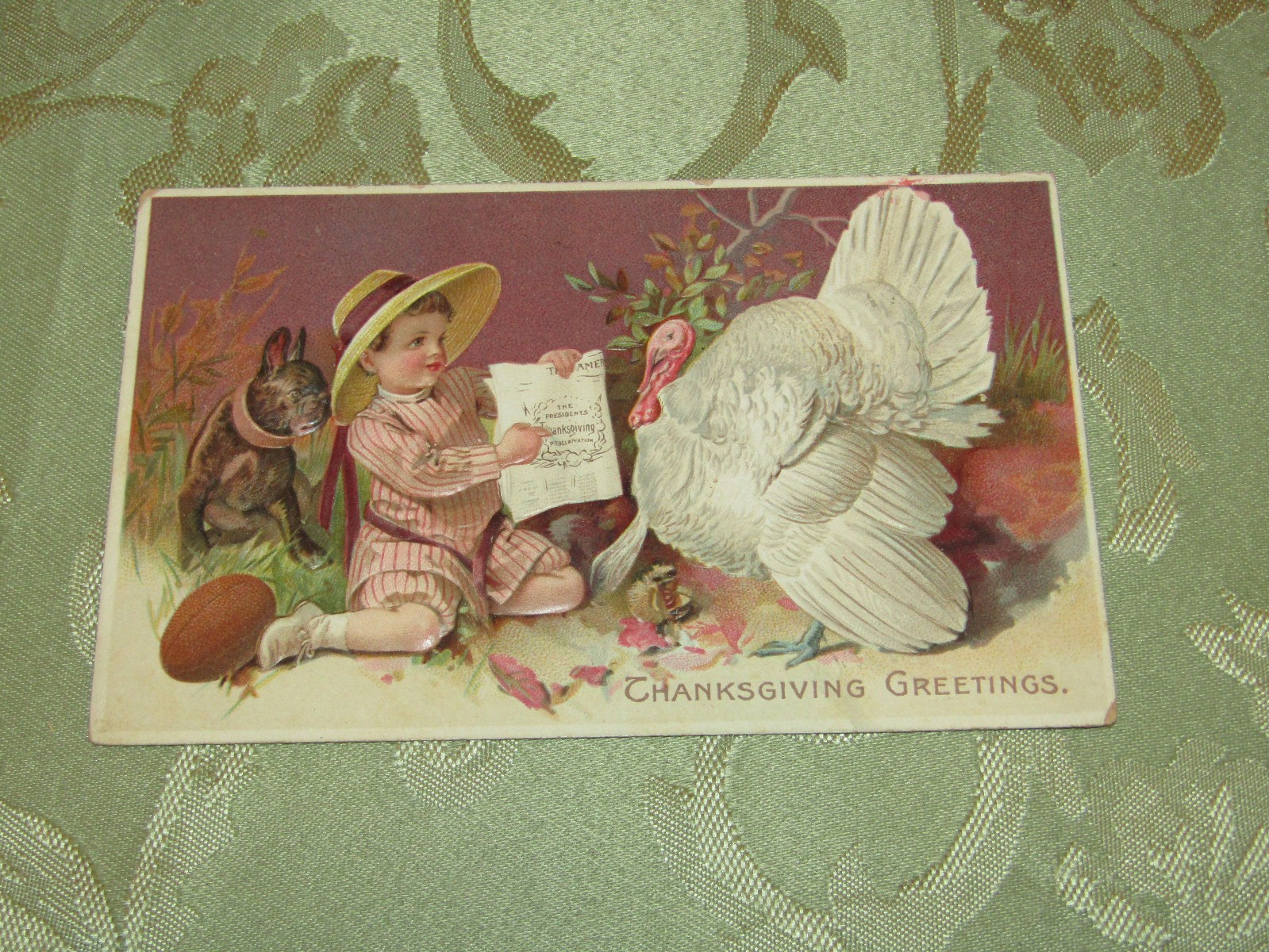 Vintage Thanksgiving Greetings Turkey /French Bulldog /Football 1912 PC Vintage Thanksgiving Greetings Turkey /French Bulldog /Football 1912 PC