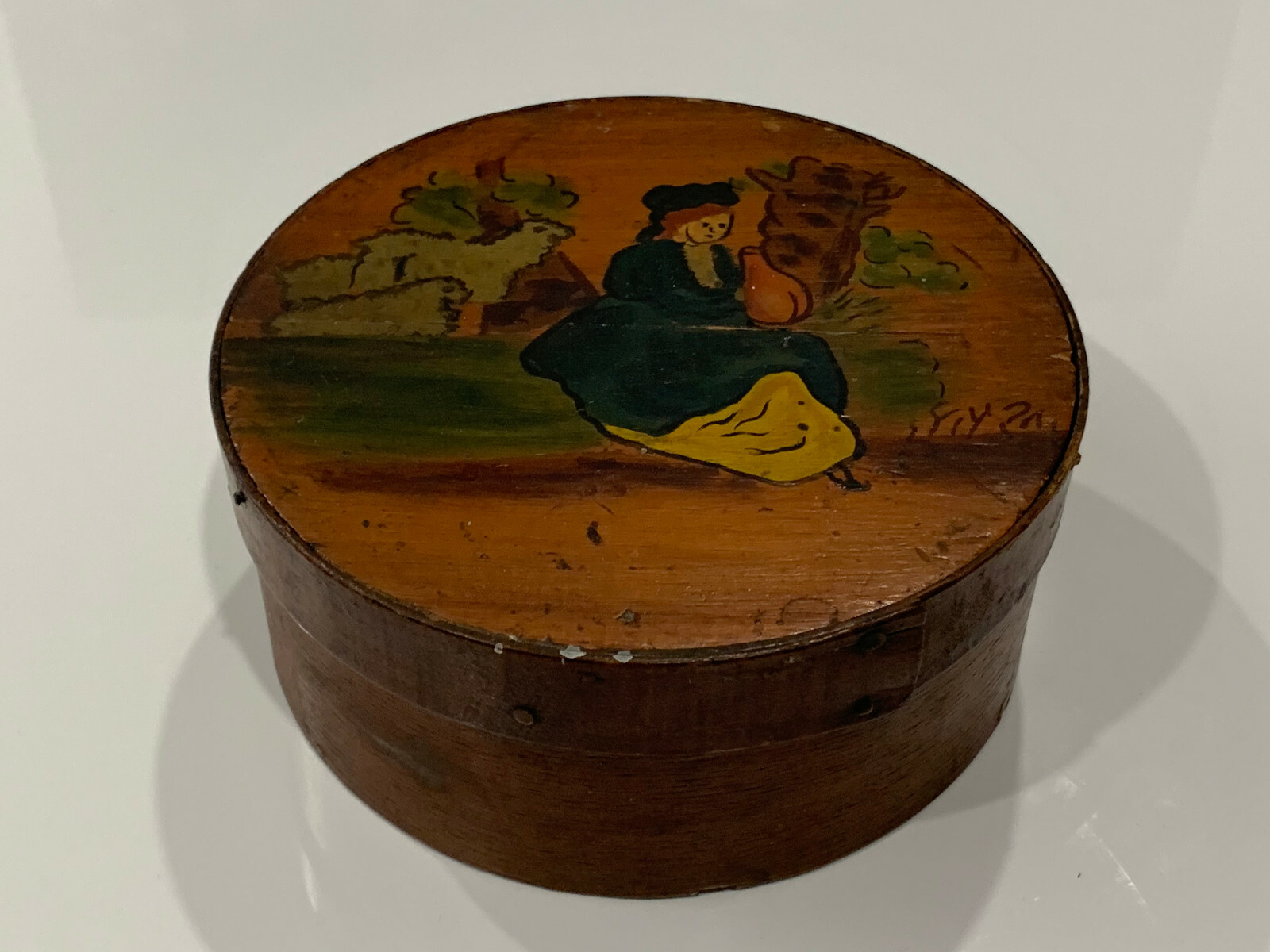 Vintage Antique Primitive Style Wood Box w/ Painted Woman Decoration