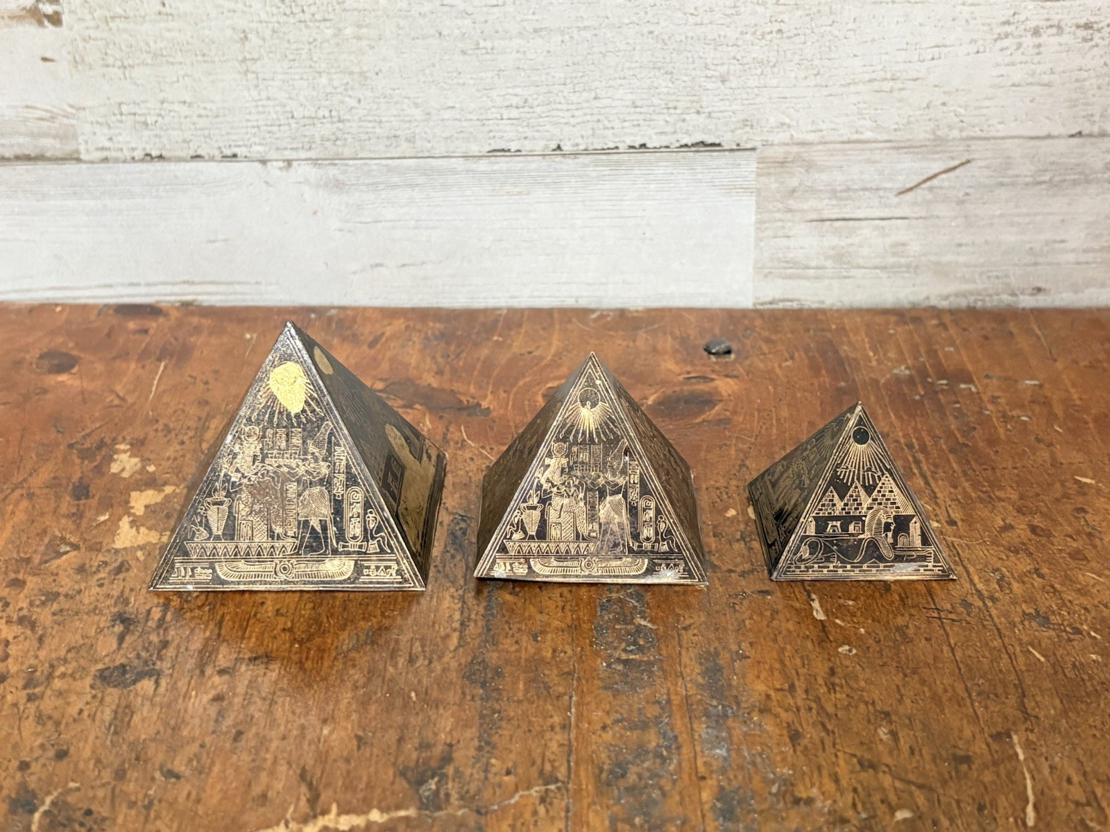 VTG Egyptian Revival Pyramid Figurines Set 3 Brass Hieroglyphics Statue Decor