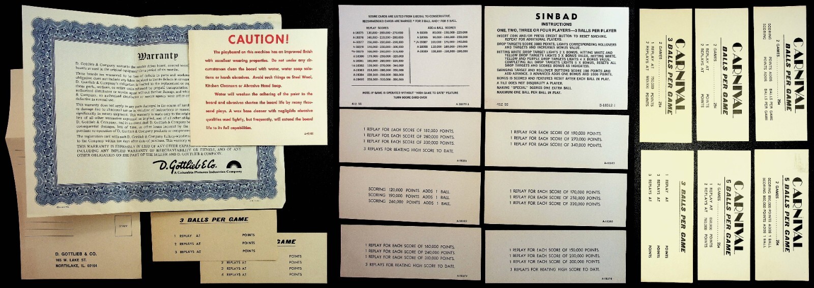 Vintage Coin Arcade Machine Label & Warranty Lot, Carnival & Sinbad 010725WT-C Vintage Coin Arcade Machine Label & Warranty Lot, Carnival & Sinbad 010725WT-C