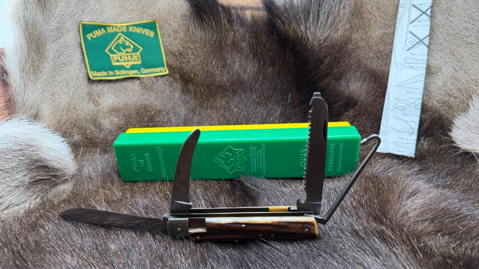 Puma 959 Jagdmesser Knife With Stag Handles Mint With Puma Green Pouch With Logo