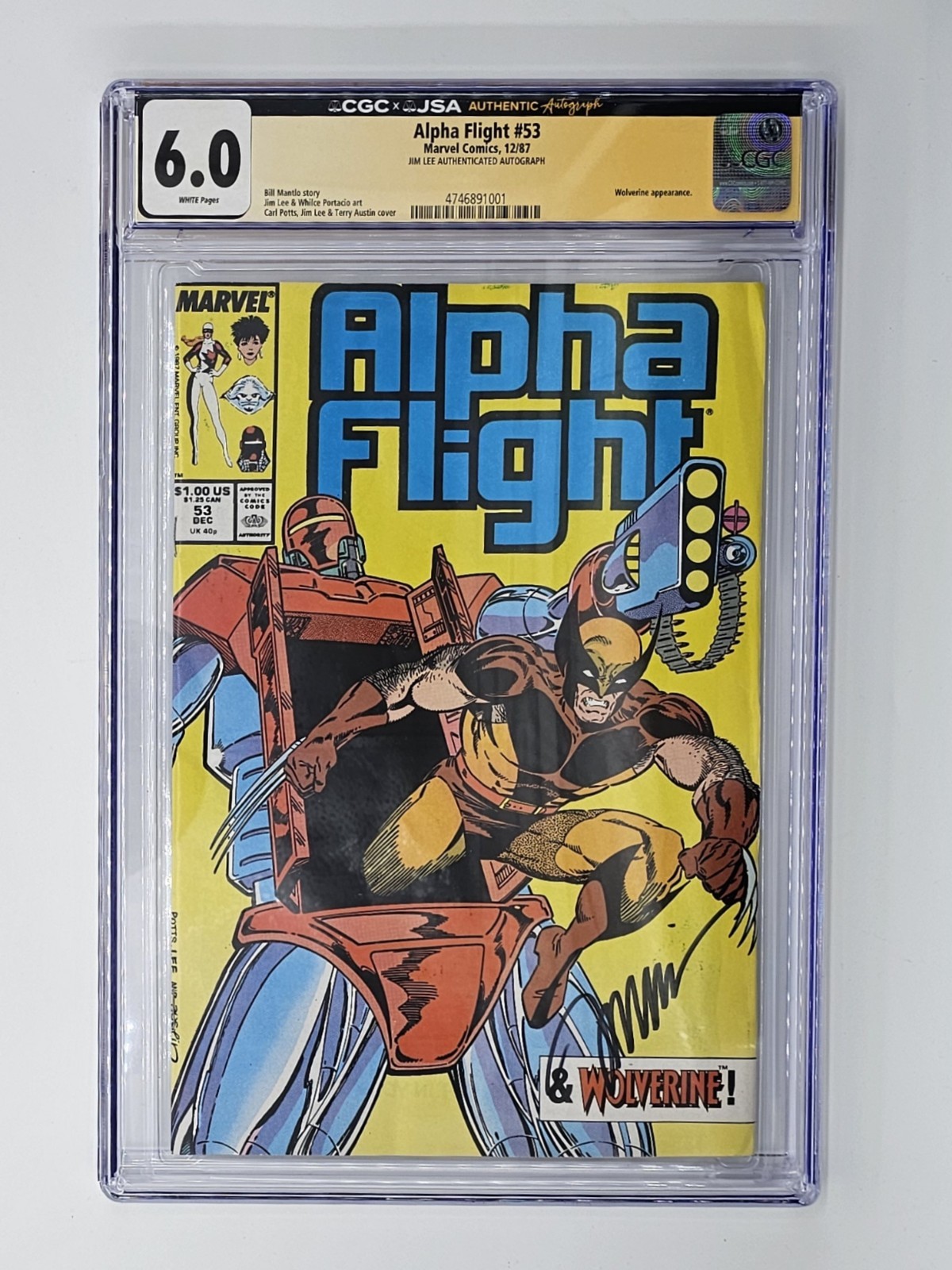 Alpha Flight #53 ( 1987) *CGC 6.0 (F)*  1st Jim Lee Cover *SIGNED* WHITE PAGES