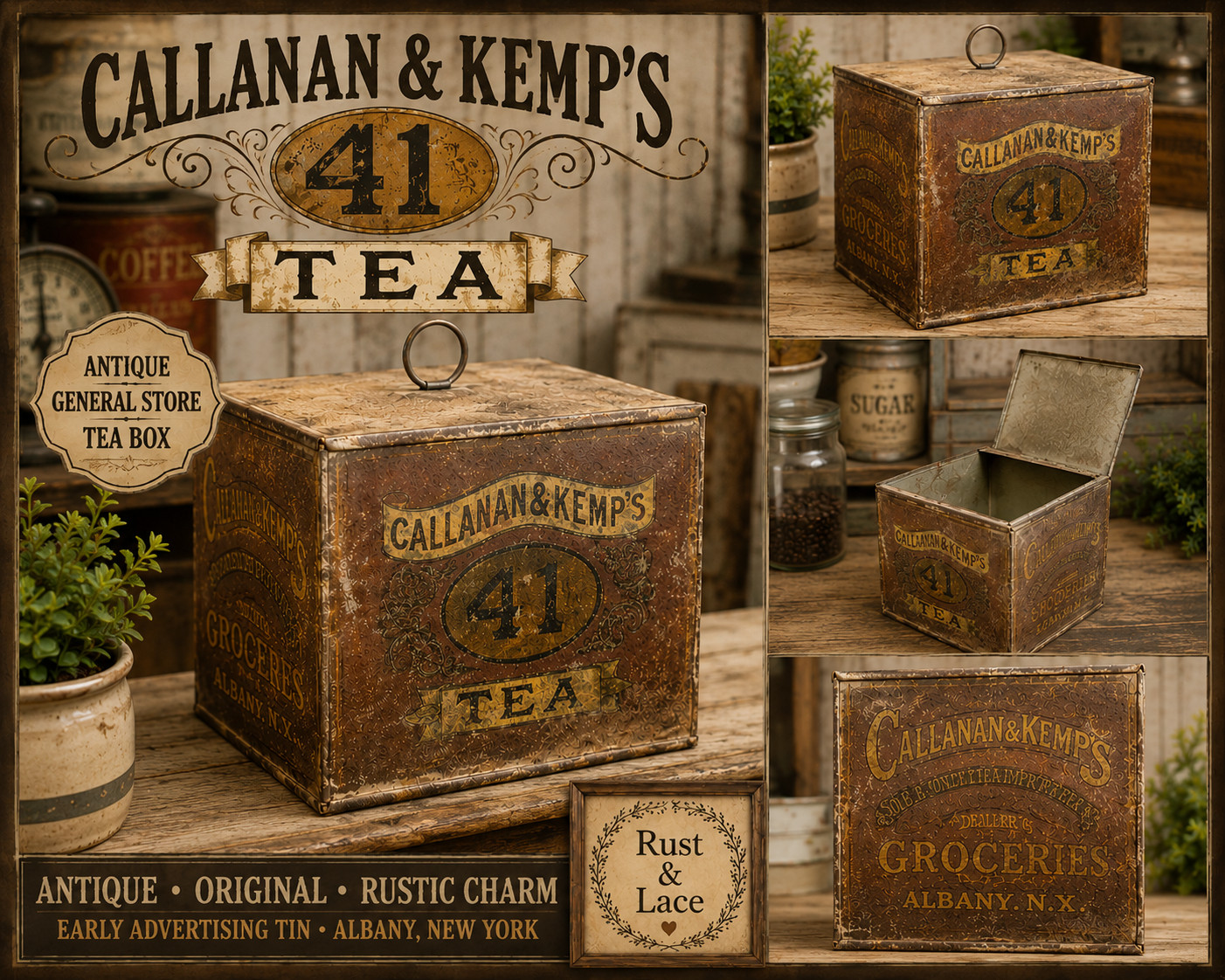 Antique Callanan & Kemp’s 41 Tea Tin Advertising Box Albany NY