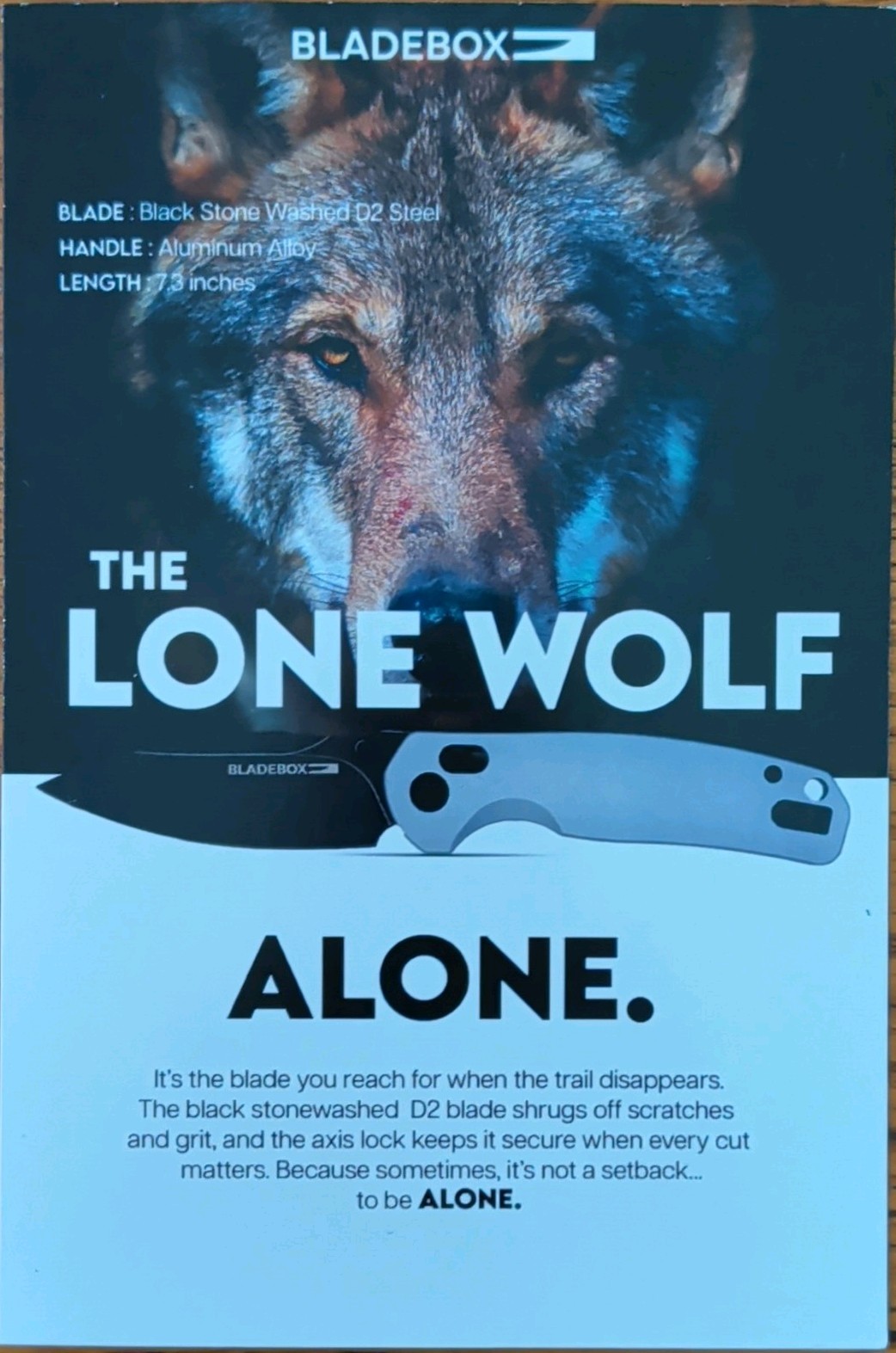 BLADEBOX Lone Wolf Pocketknife D2 Steel Drop Point Plain Edge Axis, Clip BLADEBOX Lone Wolf Pocketknife D2 Steel Drop Point Plain Edge Axis, Clip