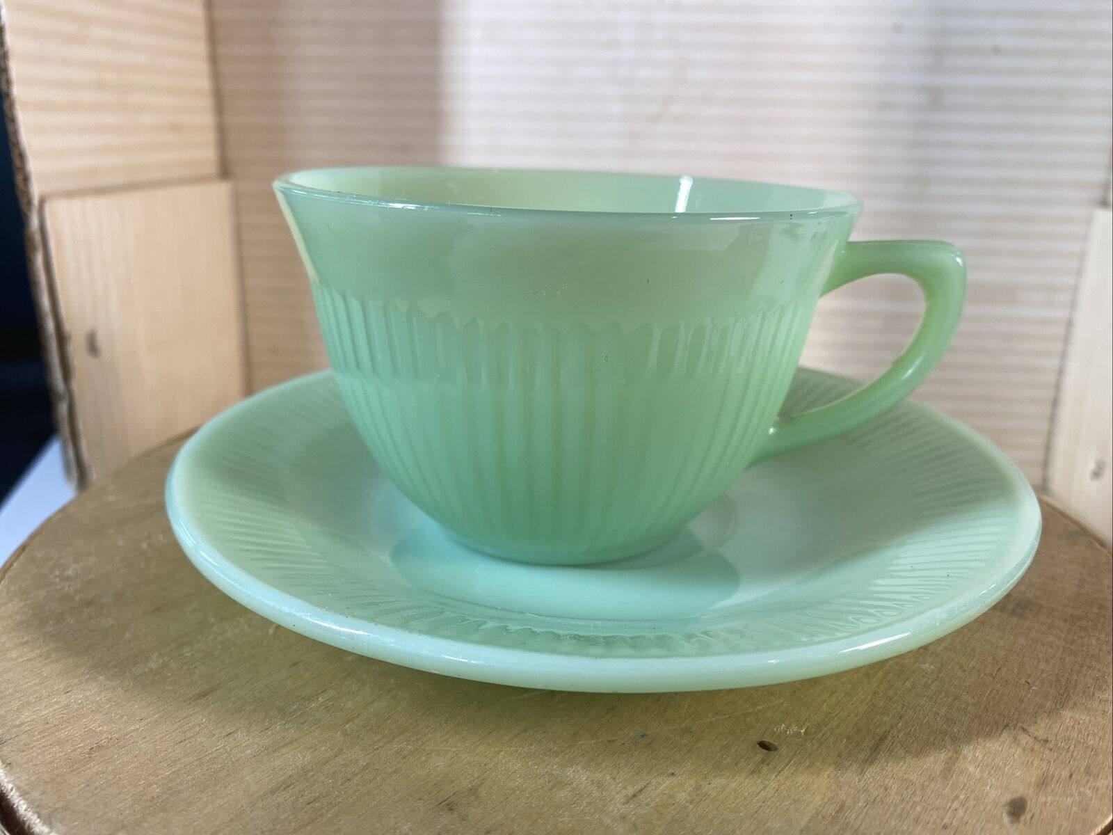 Vintage Fire King Jadeite Green Jane Ray Ribbed Cup and Saucer Set Made USA