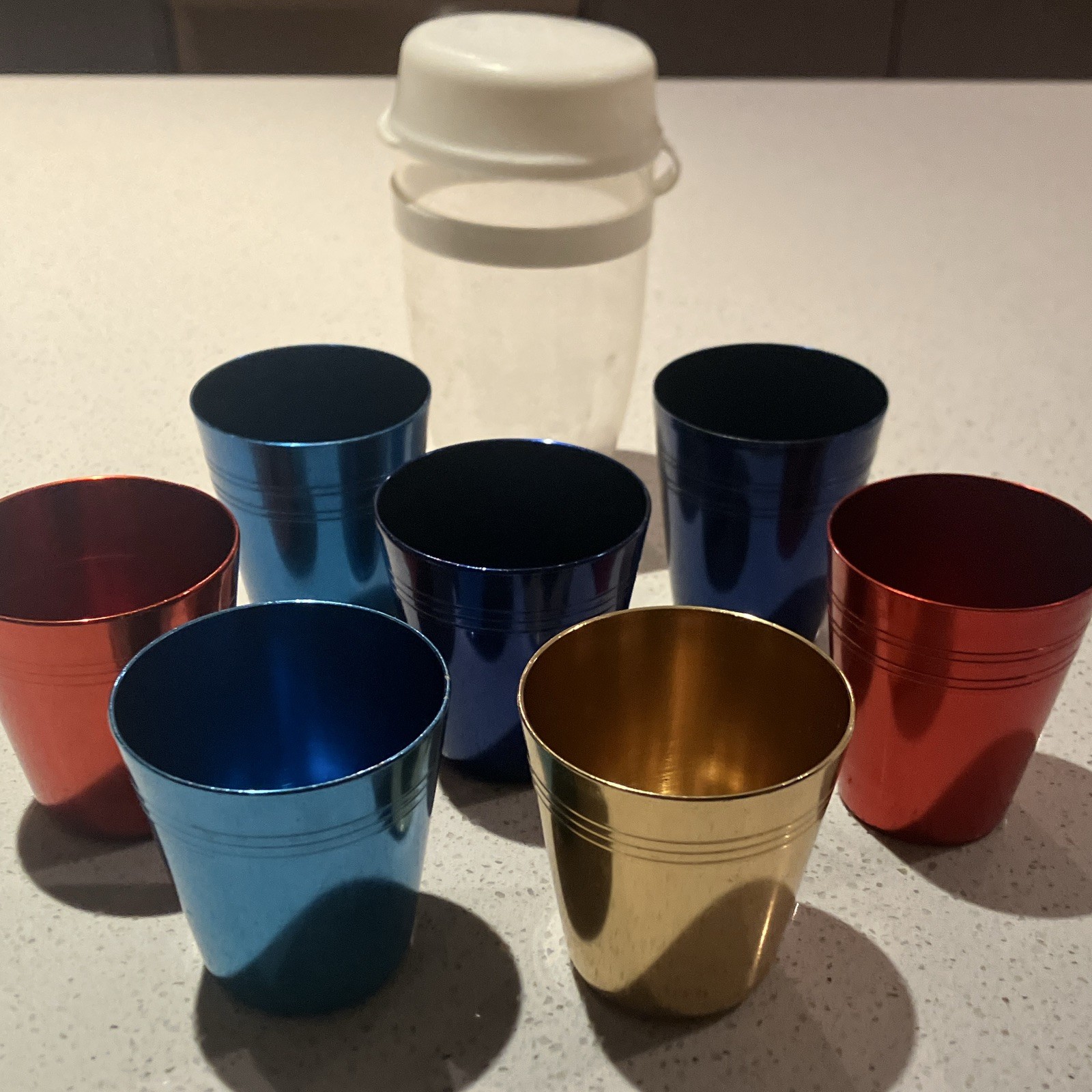 Vtg 1950s/60s Peacock Ware Hawaii Anodised Alum Cups x 6 in Brian Davies case