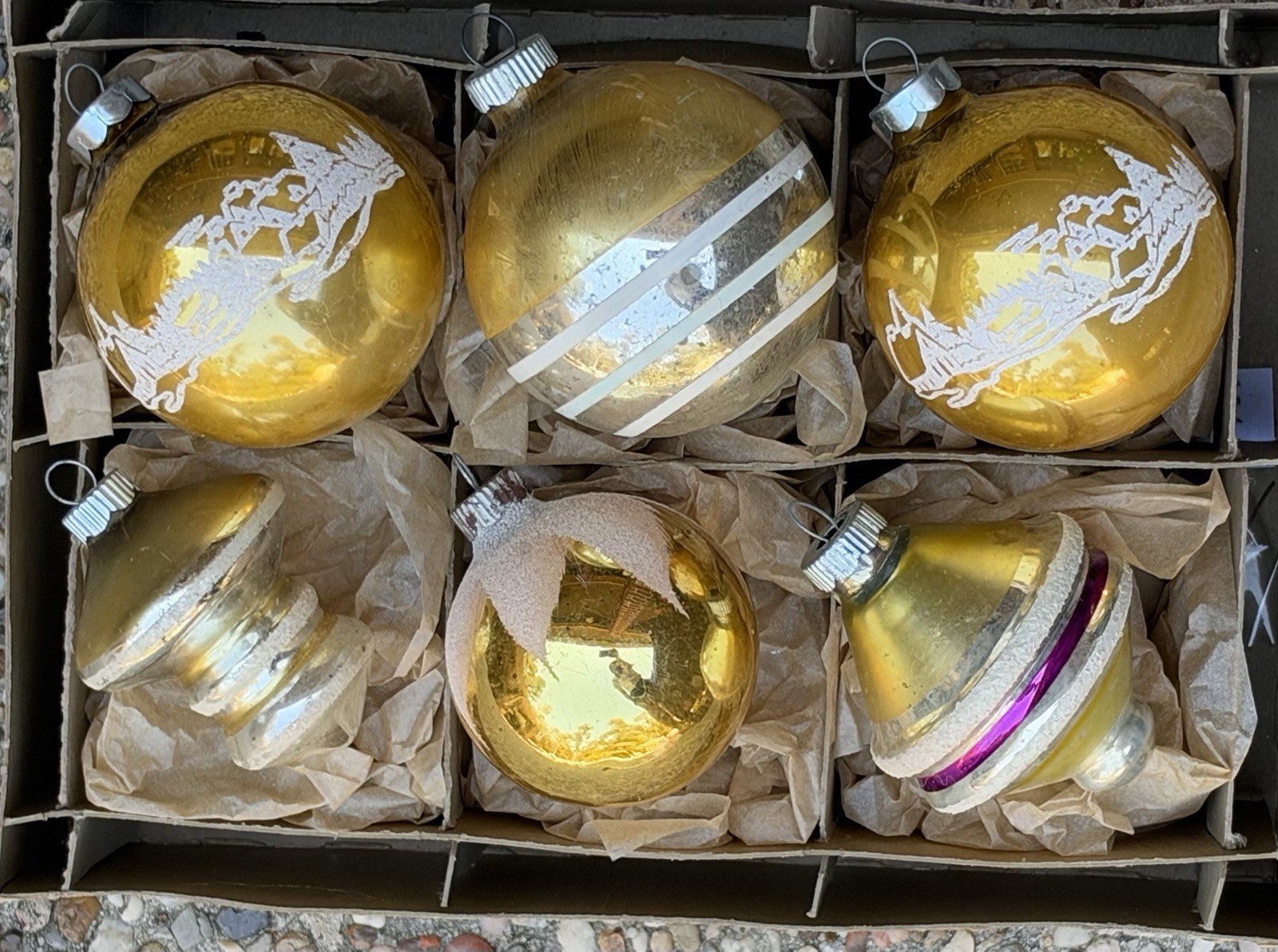 VTG Shiny Brite Made In USA Gold Stencil Snowcap Mica Tornado  Glass Ornaments