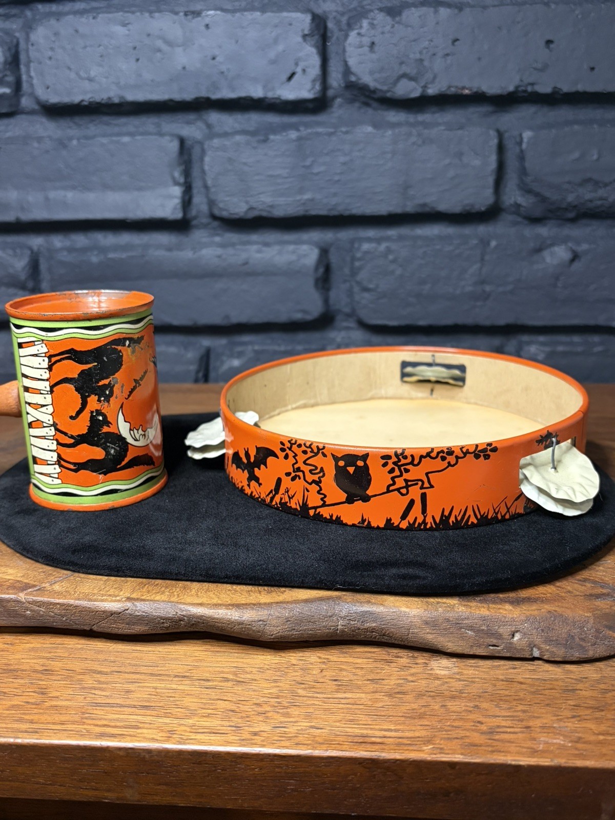 Vintage T. Cohn Halloween Tin Litho Tambourine & Noisemaker Black Cat Bats Owl Vintage T. Cohn Halloween Tin Litho Tambourine & Noisemaker Black Cat Bats Owl