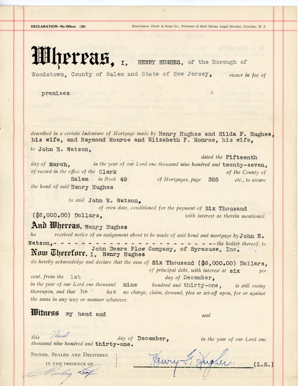 1931 Woodstown NJ Salem Mortgage Document - Henry Hughes to John Deere Company