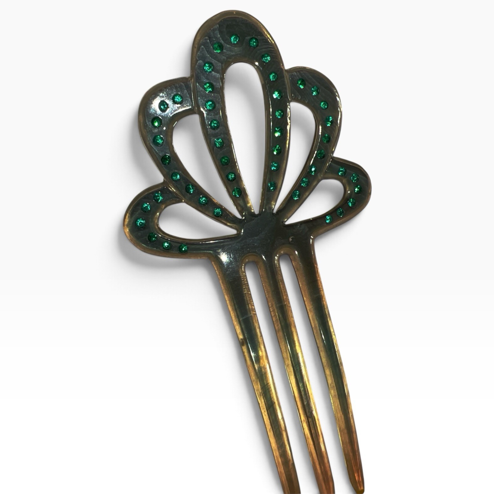 Antique Edwardian Celluloid Hair Comb Emerald Rhinestones Amber c1900