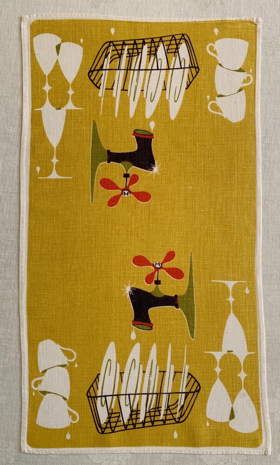 Vintage Tea Towel MCM Lois Long Kitchen Sink Faucet Dishes Cups Glasses