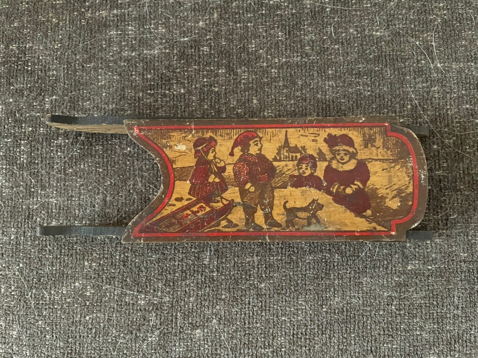 Vtg Antique Victorian Wooden Sled Pencil Box Novelty Case Toy Christmas Candy