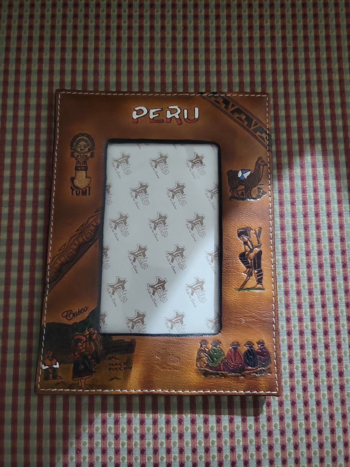 VTG Peruvian Hand Tooled Leather Picture Frame Cusco Machu Picchu Tumi Llama 3x5