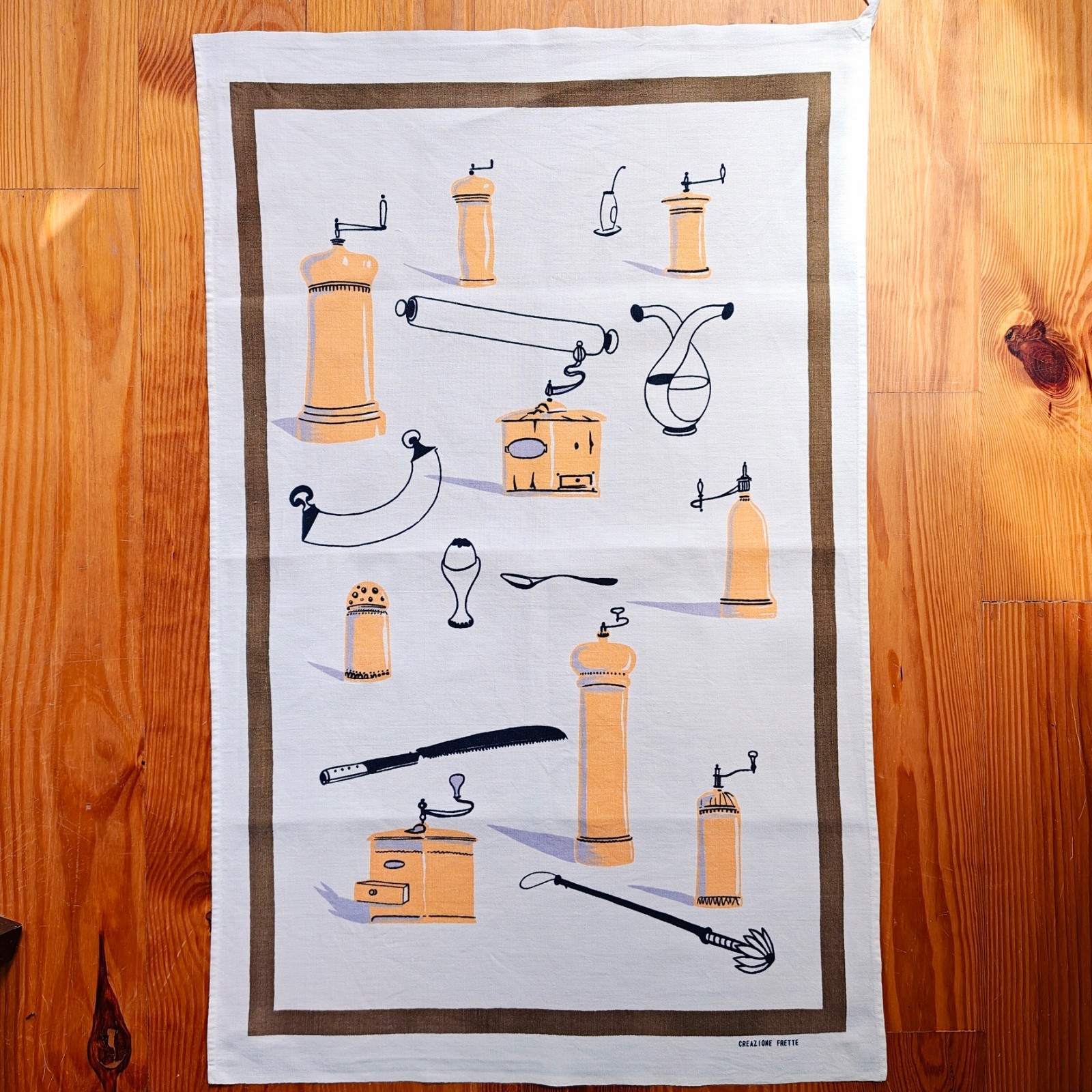 Vintage Frette Tea Towel Wall Art Linen MCM Kitchen Grinder Whimsical Italy Rare
