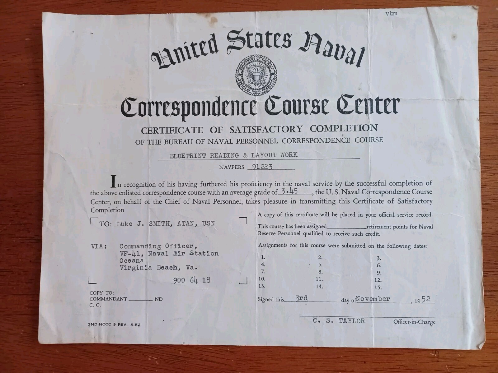 United States Naval Correspondence Course Center Certificate Blueprint Reading