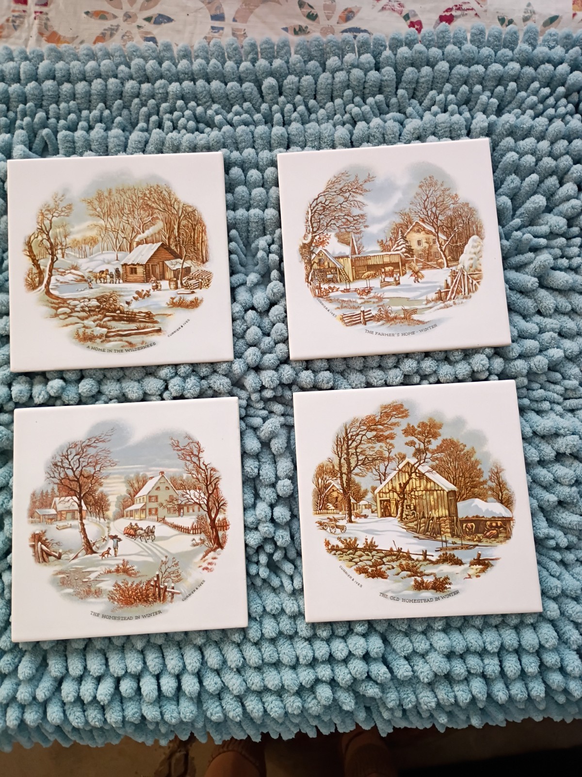 VTG Currier & Ives Winter Scene Ceramic Tile Set Of 4 Decorative Art Tiles 6\ VTG Currier & Ives Winter Scene Ceramic Tile Set Of 4 Decorative Art Tiles 6\