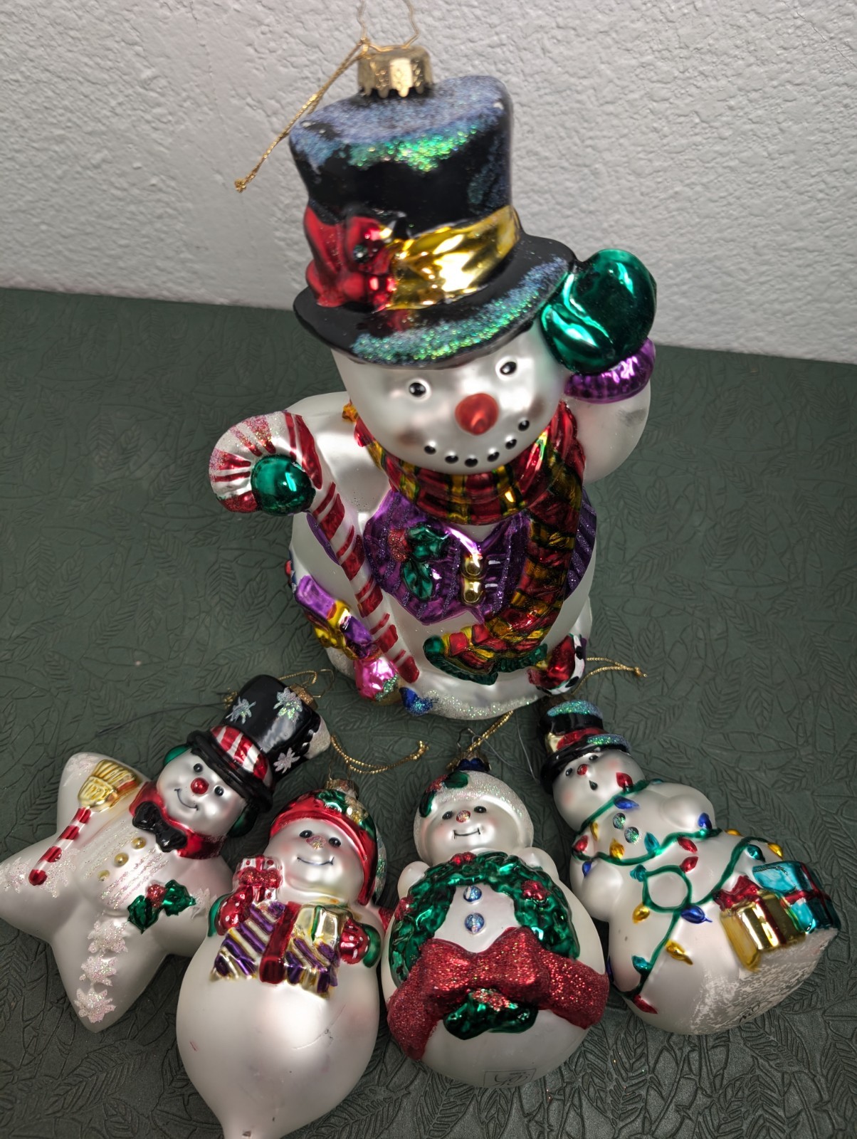 Vintage BK Blown Glass Snowman with Candy Cane + 4 Small Ornaments 5 Piece Lot