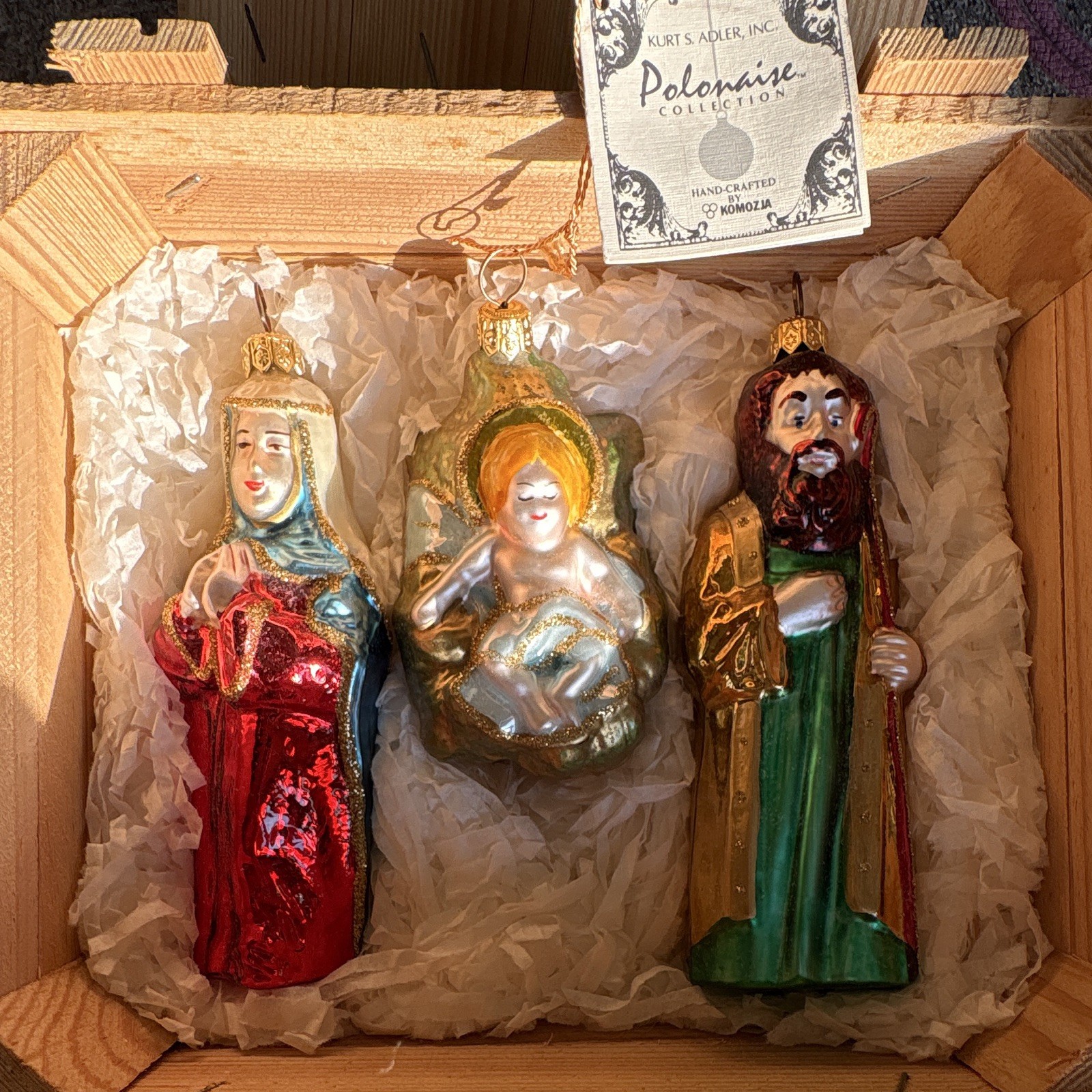 Kurt S. Adler Polonaise Nativity Glass Ornament Set 3 Handcrafted Mary Joseph