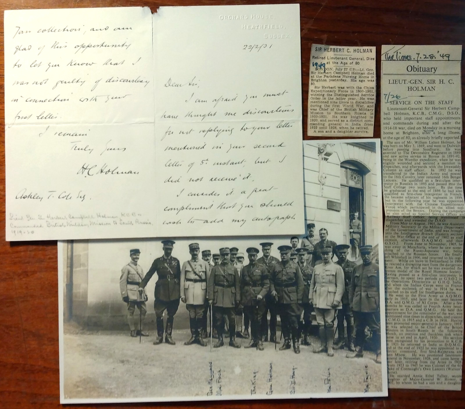 Lt Gen. Sir Herbert Campbell Holman (1869-1949) Signed Letter & WW1 Photo w/King