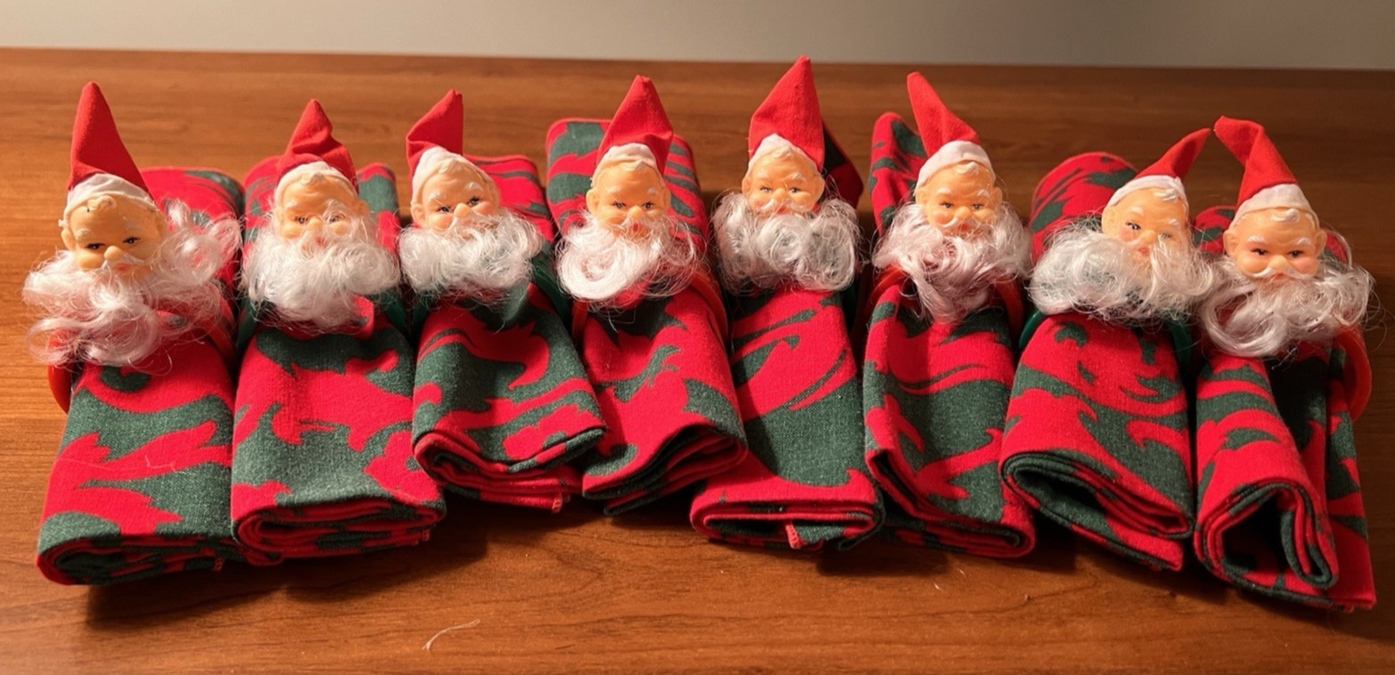 Vtg. Set of 8 Cotton Napkins and Rings with Rubber Faced Santas