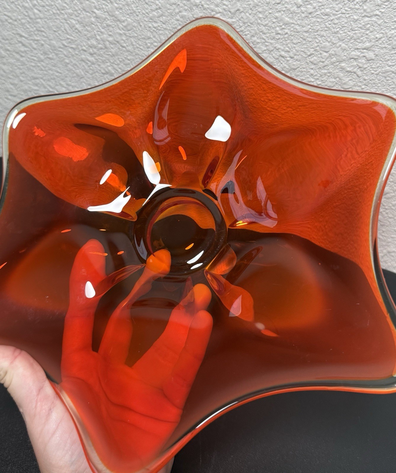Vintage MCM Orange Viking Glass Epic Line Cadmium Edge Glow Petal Bowl 13”