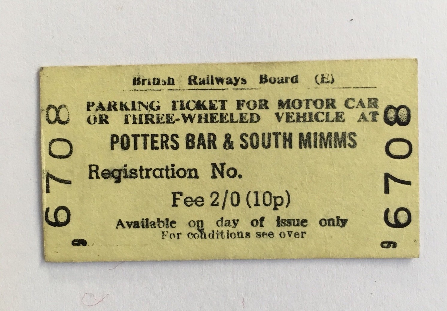 Vintage 1970s British Railways Rail Parking Ticket POTTERS BAR SOUTH MIMMS 6708